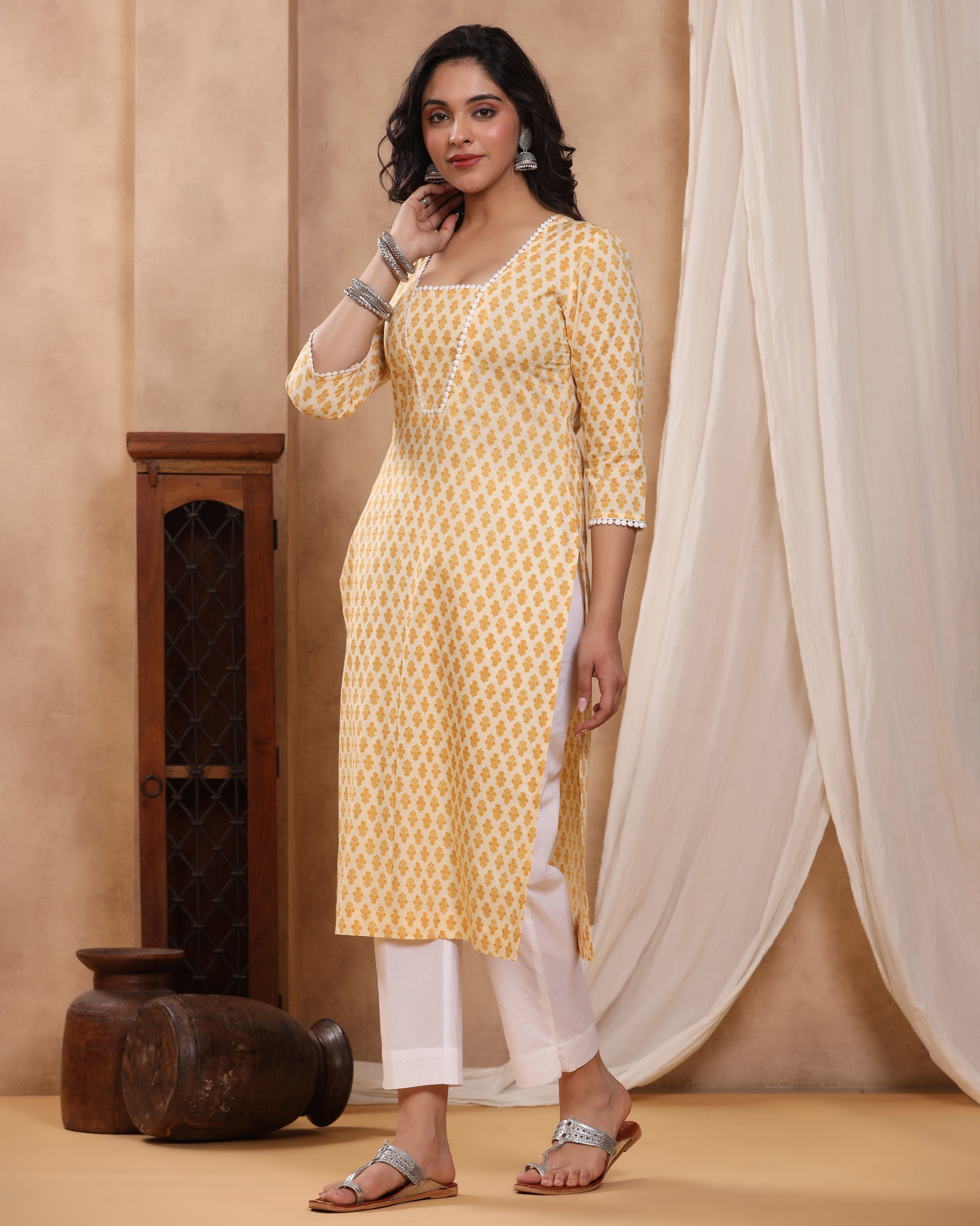 Chaand Mustard Block print Kurti with Crochet lace