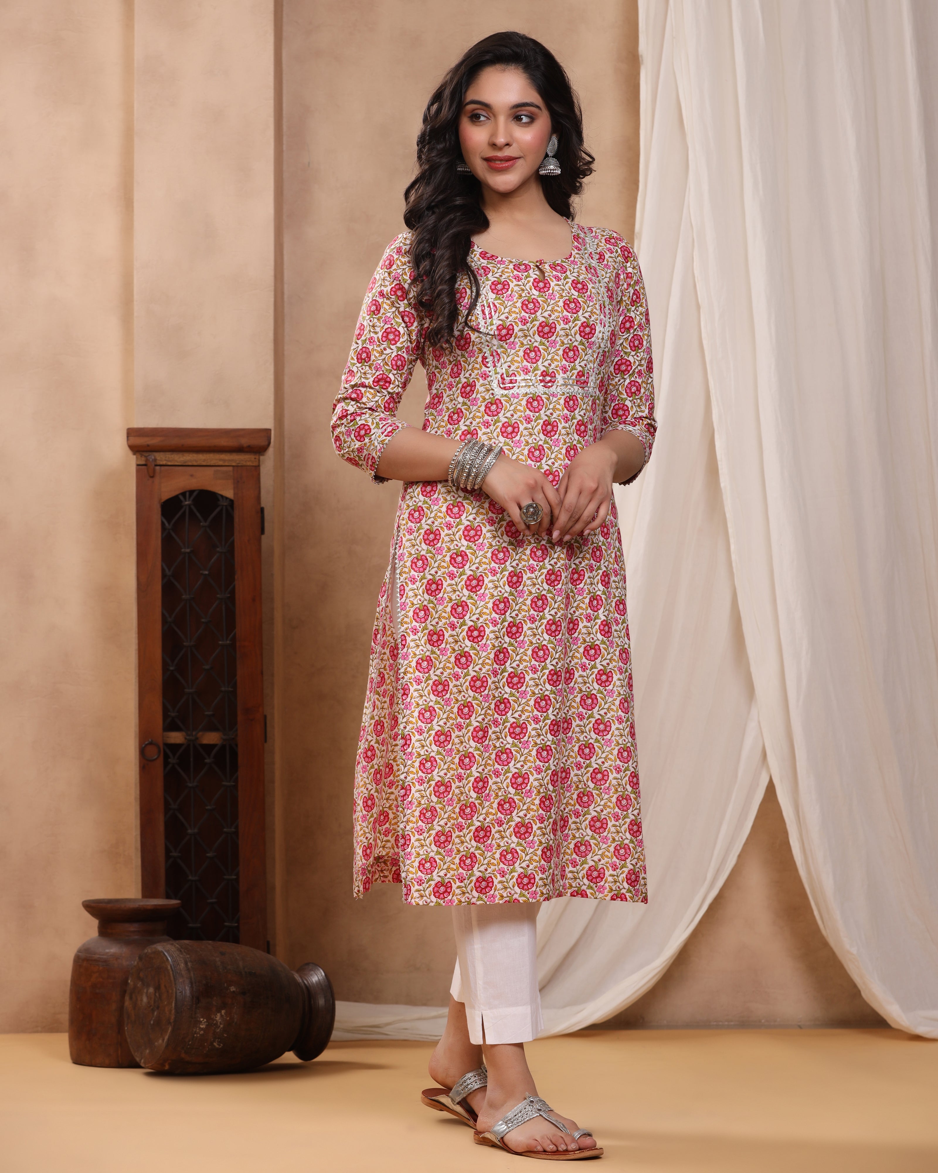 Jolly Magenta Block print Kurti with Gota Lace