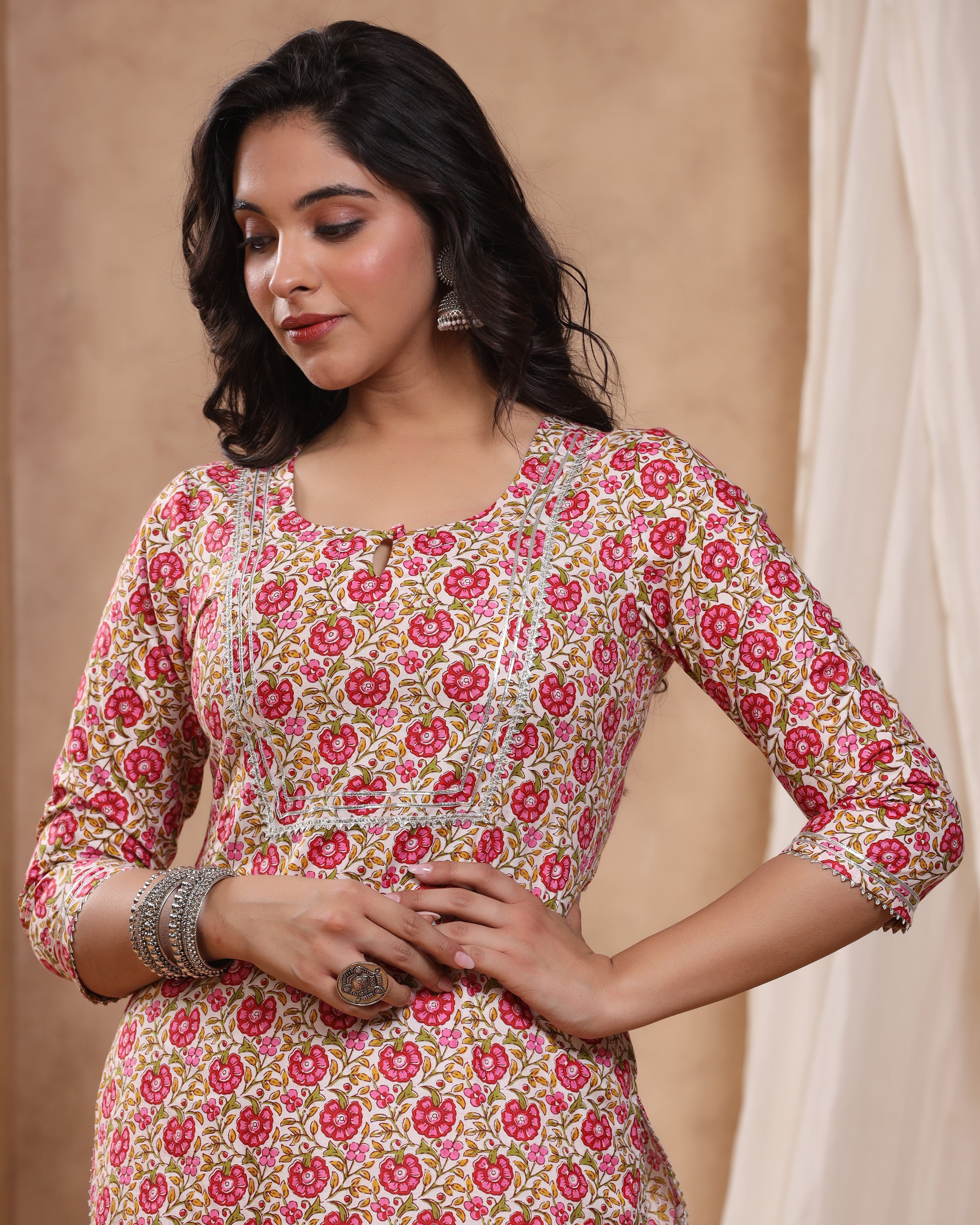 Jolly Magenta Block print Kurti with Gota Lace