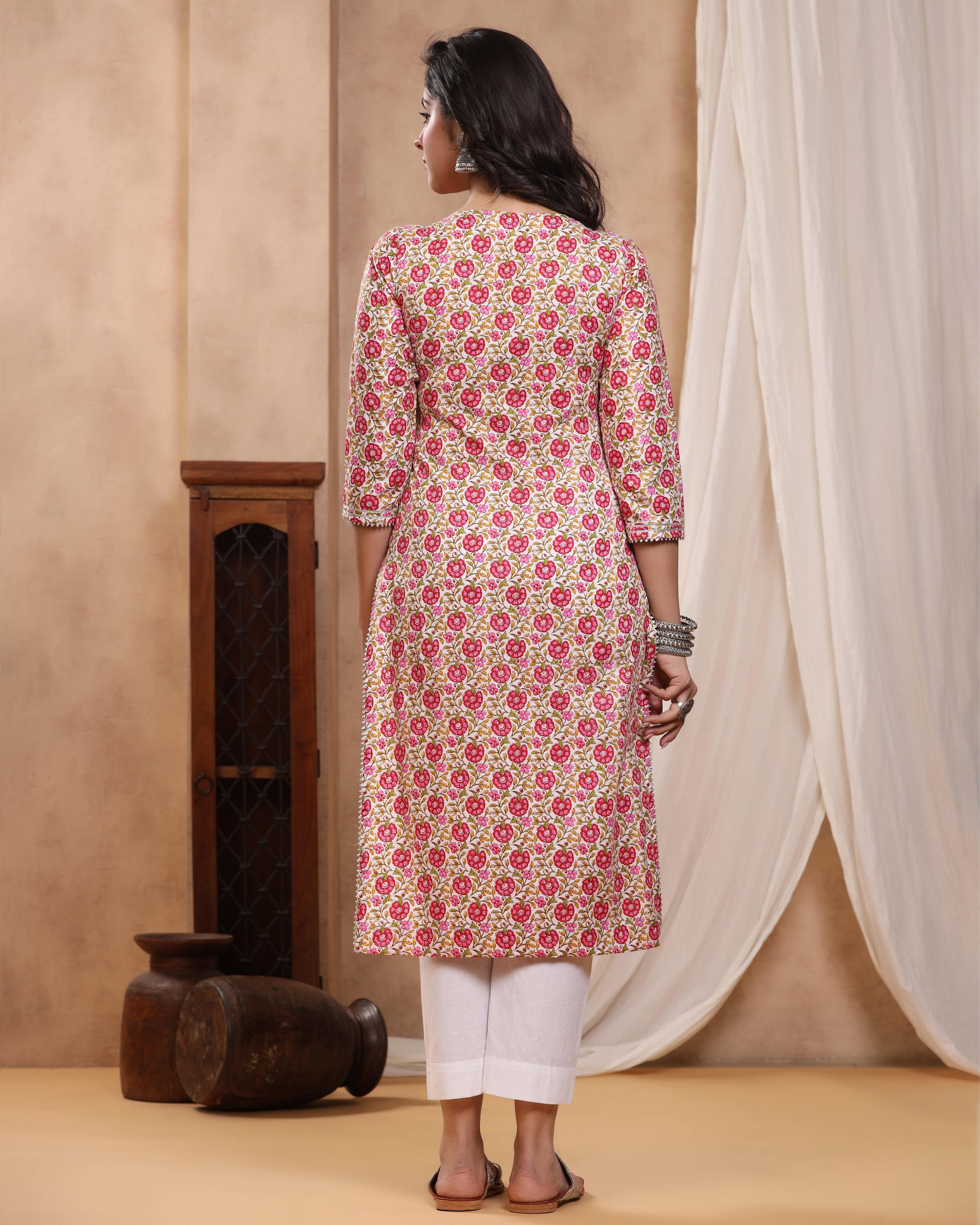 Jolly Magenta Block print Kurti with Gota Lace