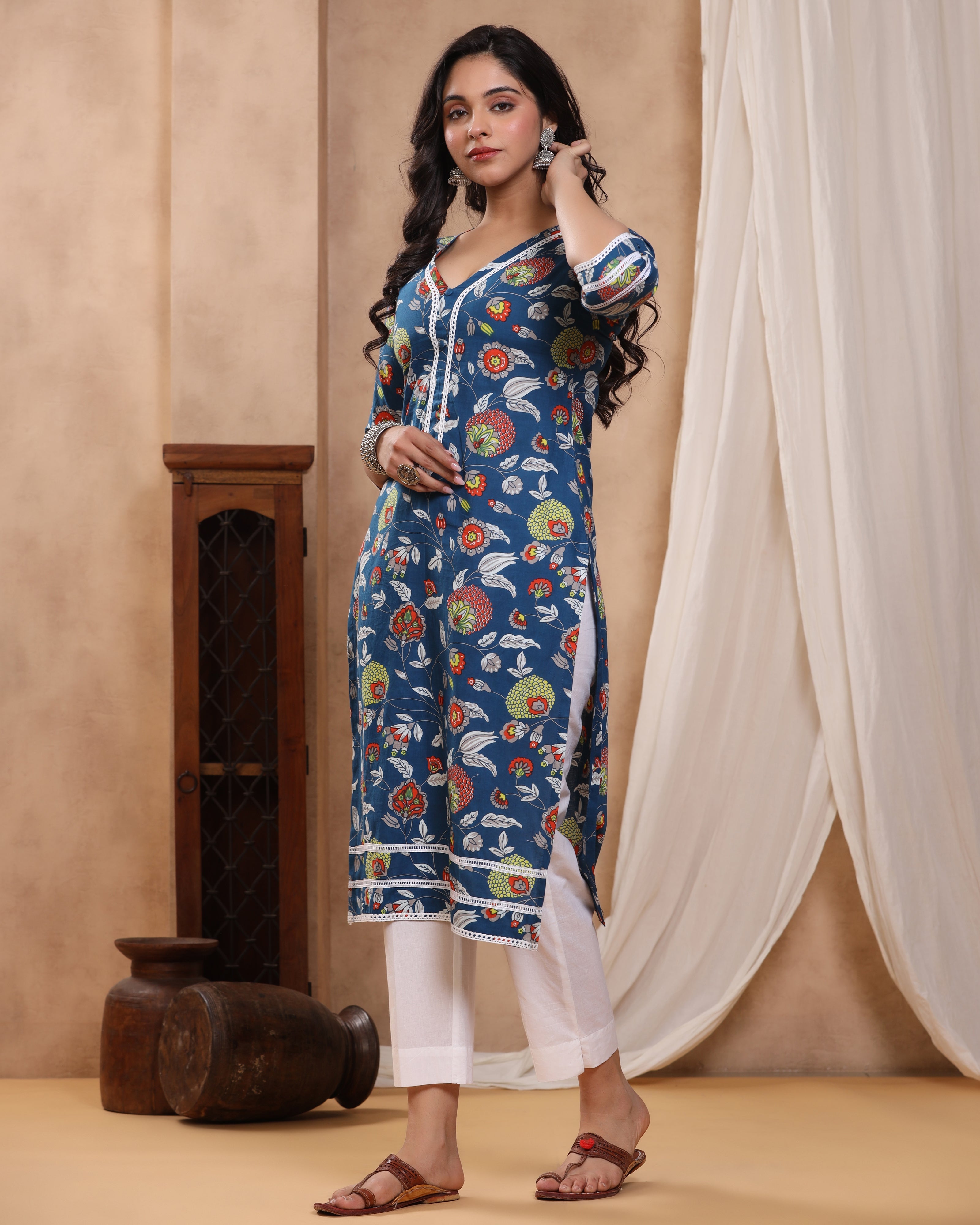 Bahaar Blue Block print Kurti with Crochet lace