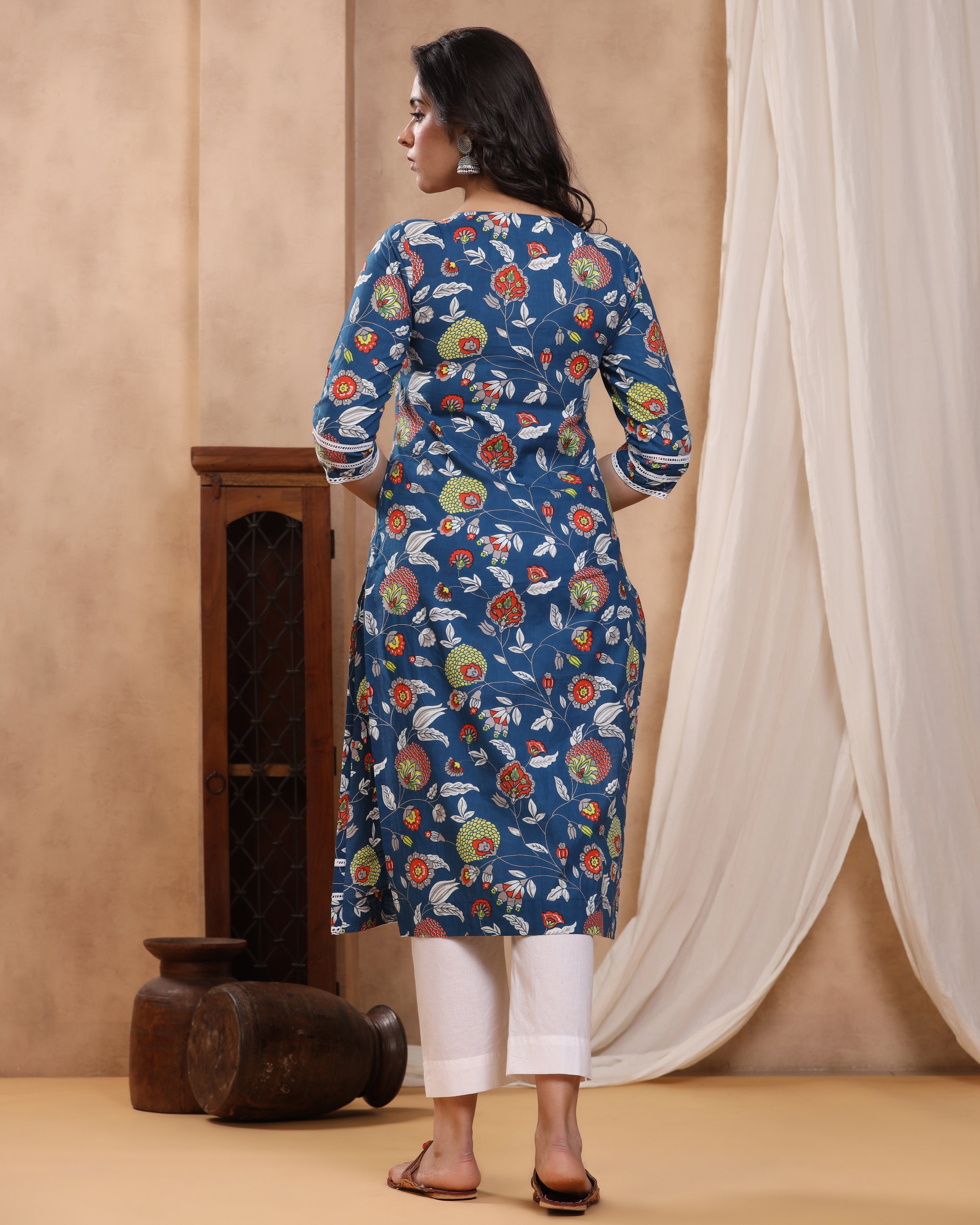 Bahaar Blue Block print Kurti with Crochet lace