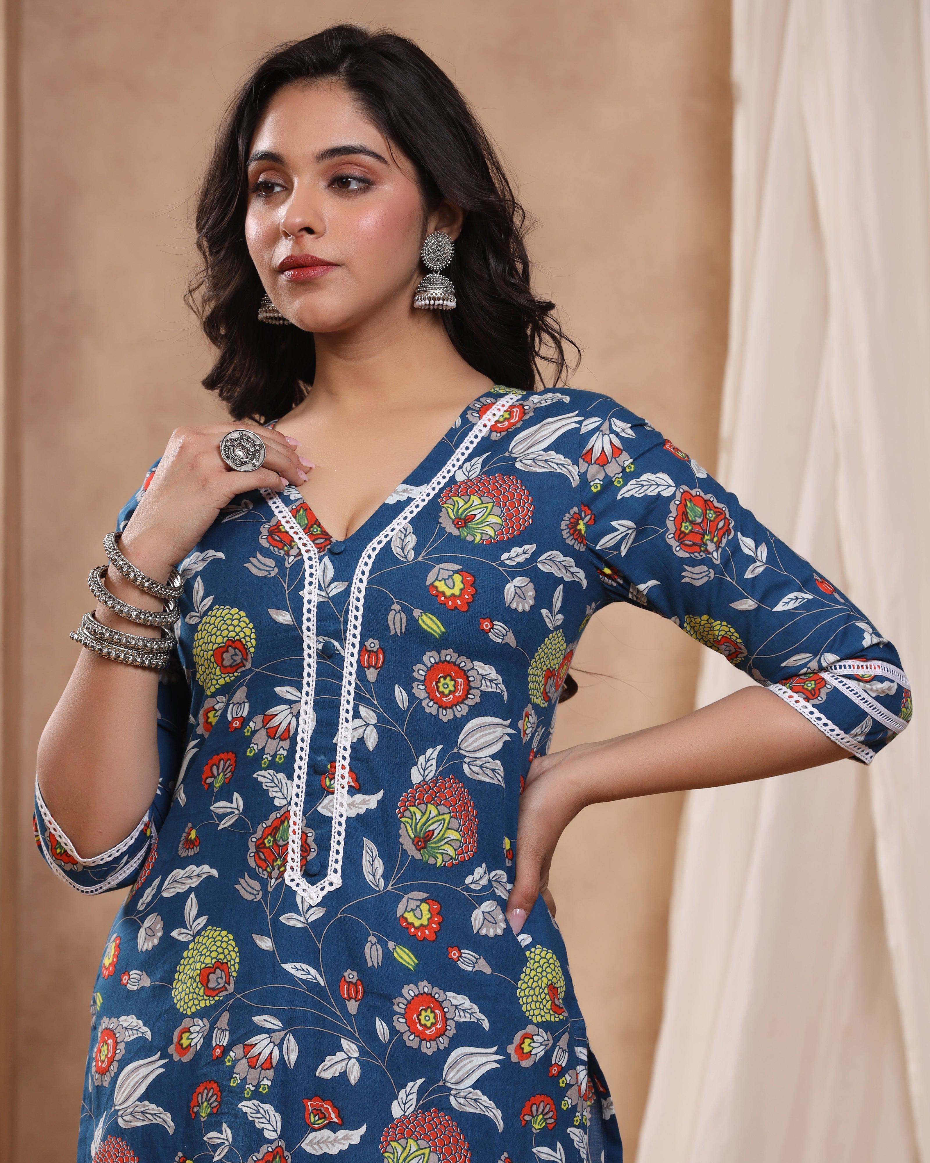 Bahaar Blue Block print Kurti with Crochet lace