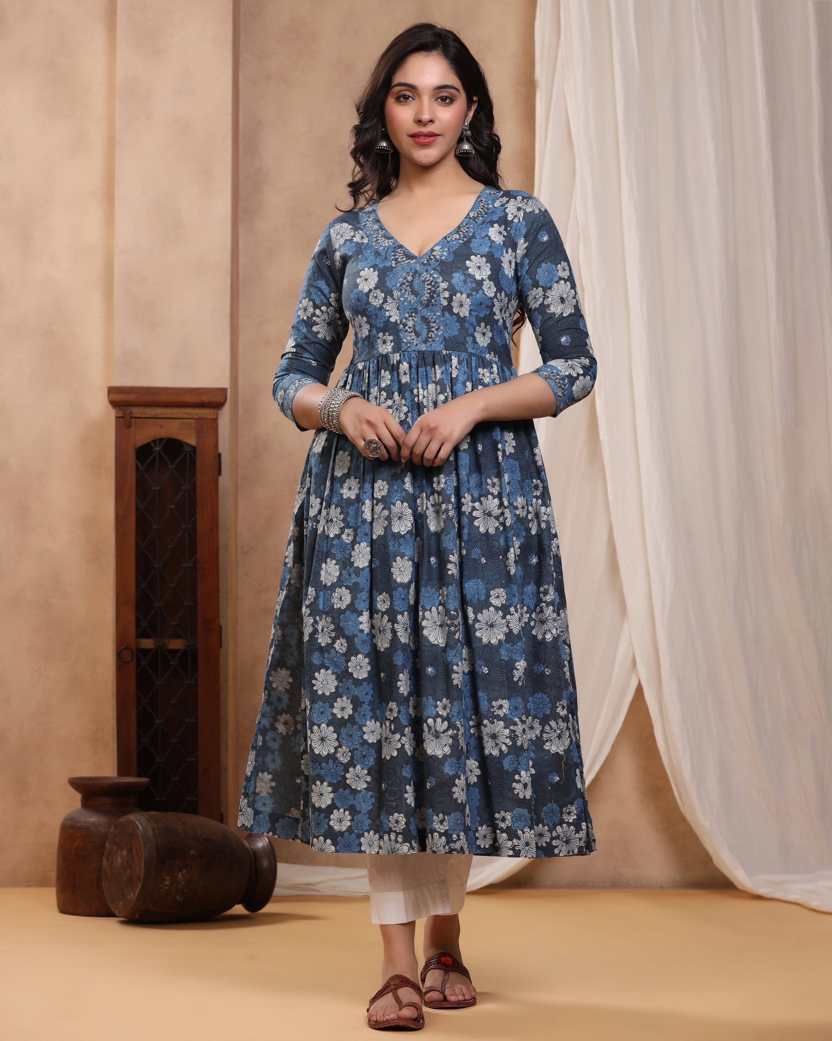 Indigo Kashish Dabu  Hand Block Printed Cotton Gathered Kurti