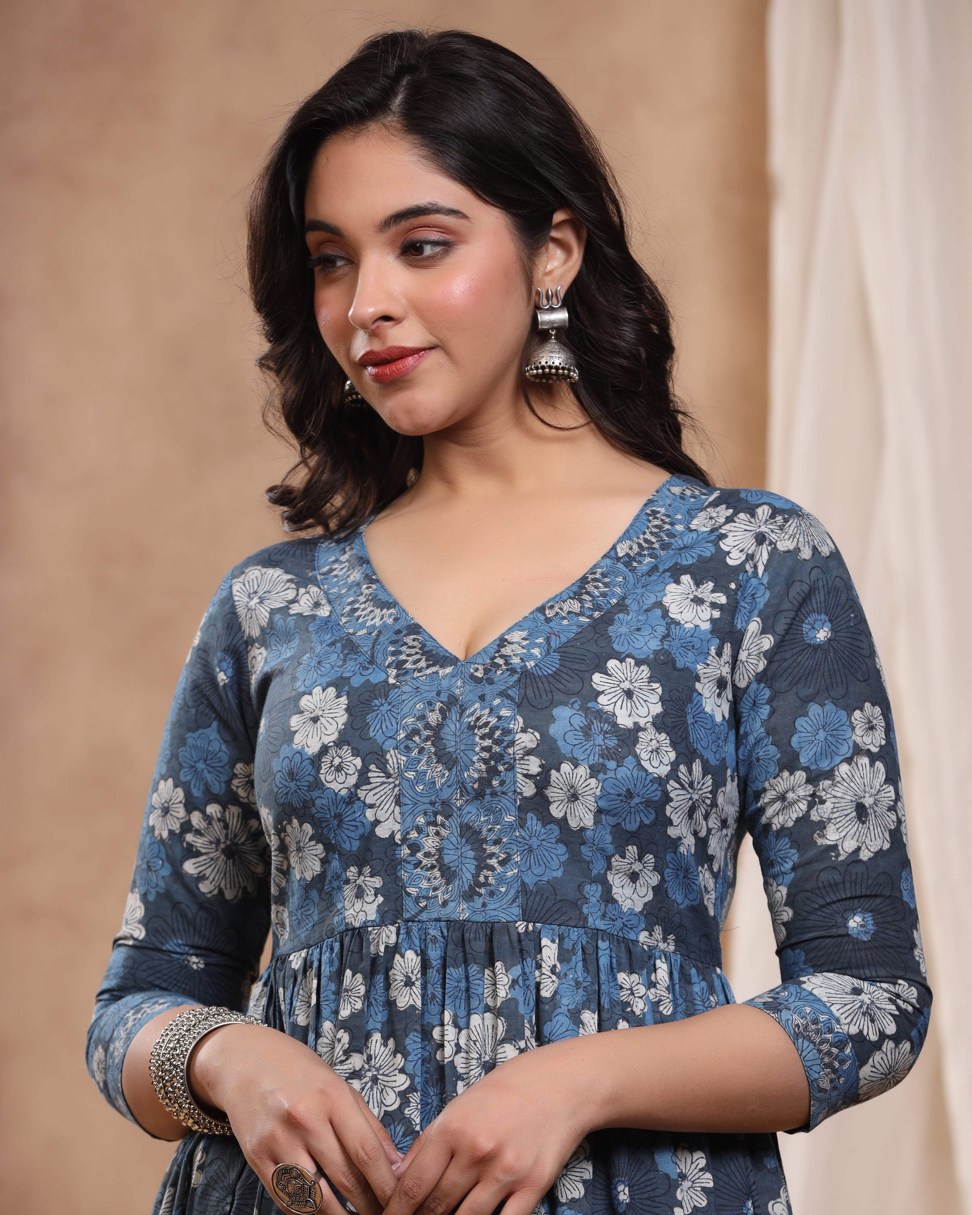 Indigo Kashish Dabu  Hand Block Printed Cotton Gathered Kurti