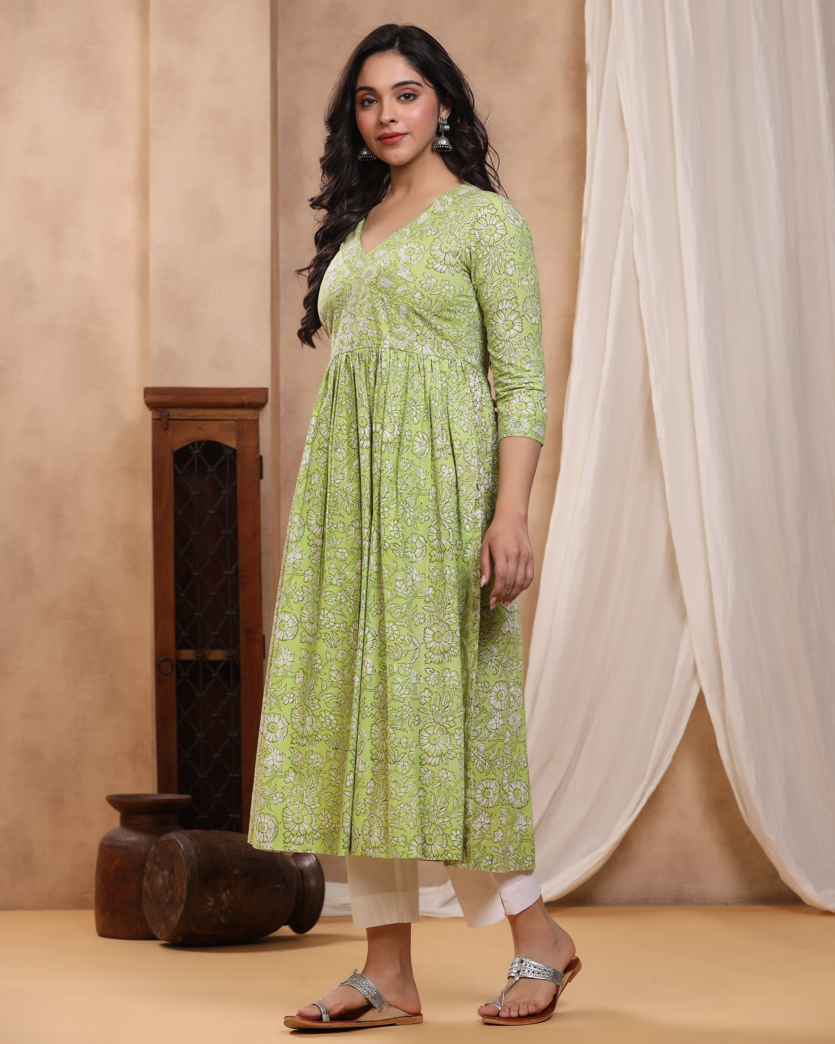 Green Dabu Hand Block Printed Cotton Gathered Kurti