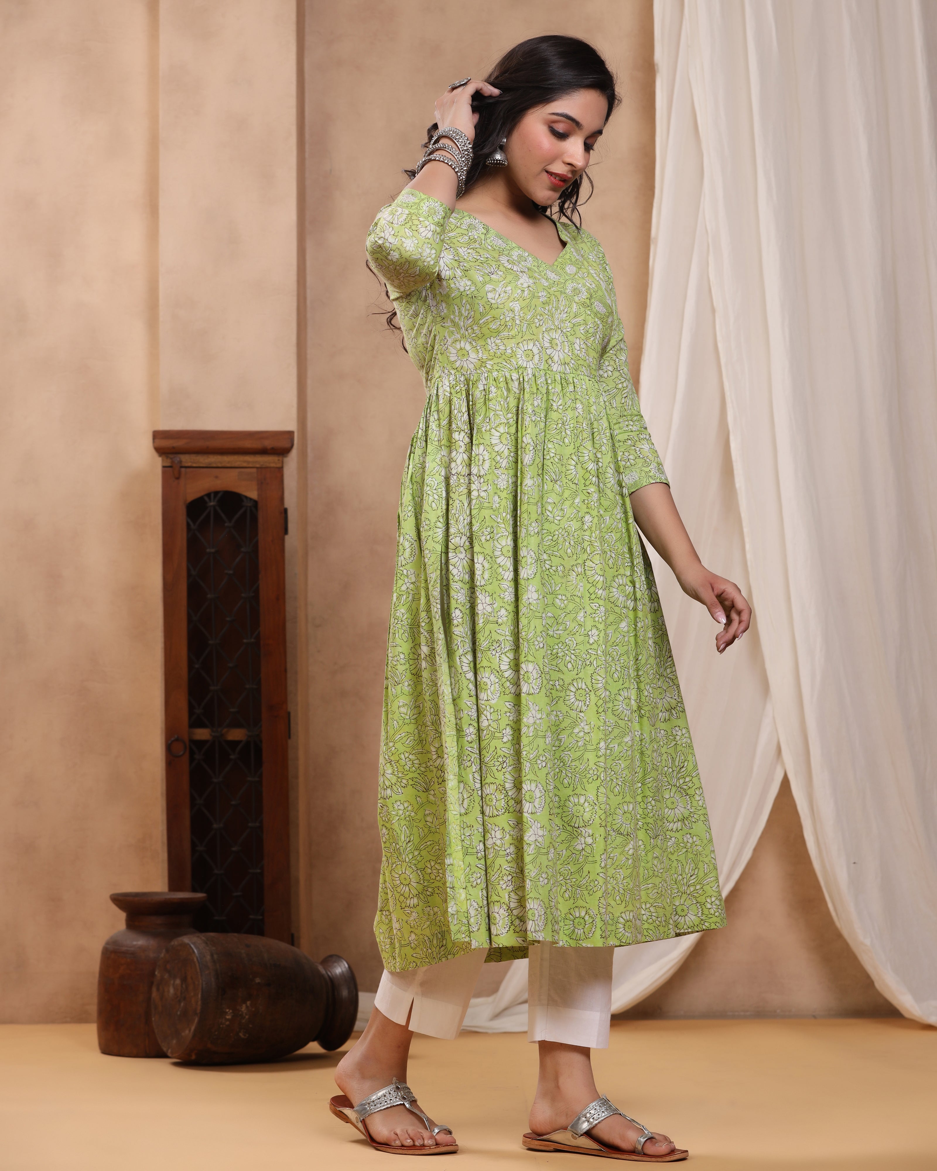 Green Dabu Hand Block Printed Cotton Gathered Kurti