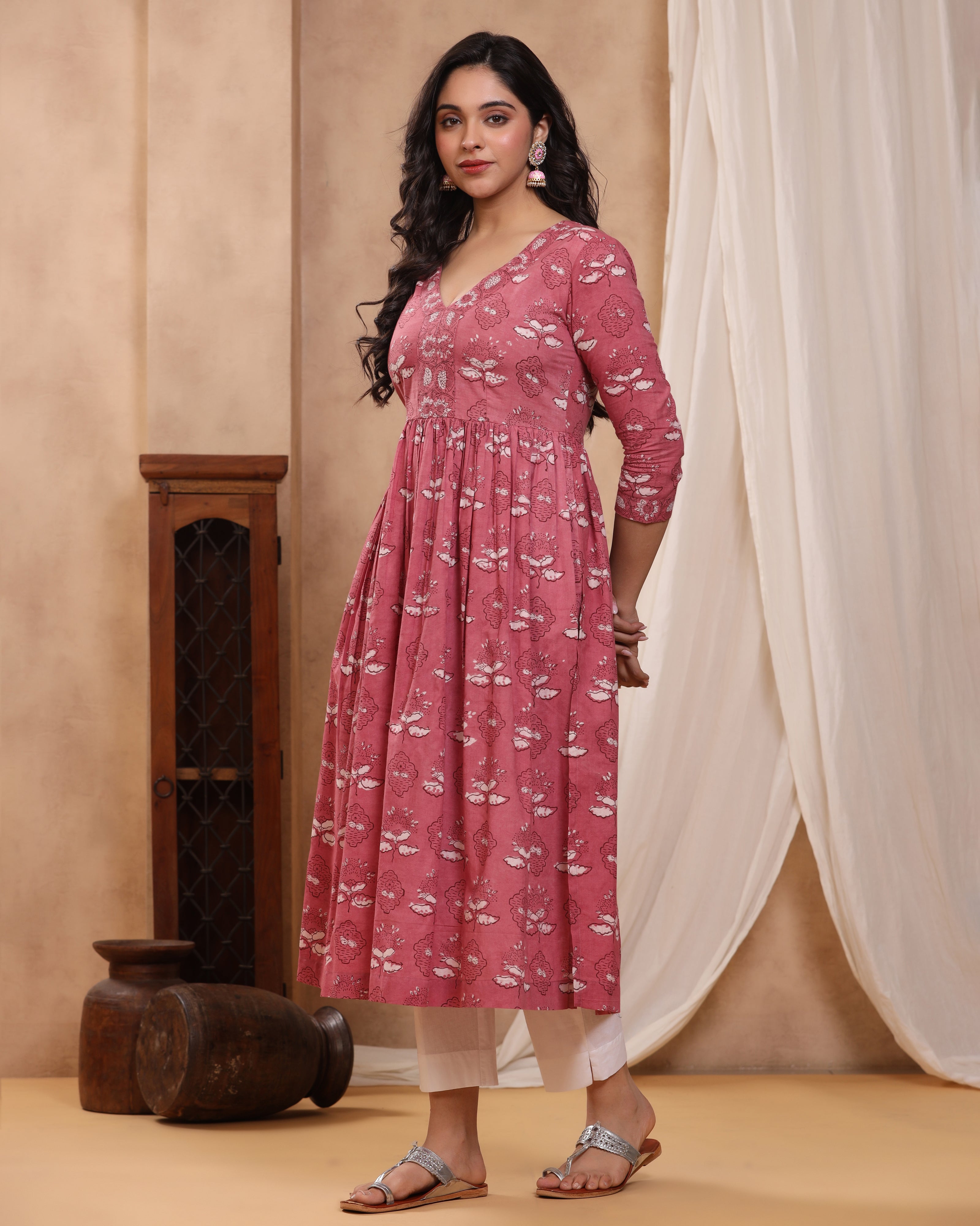 Pink Dabu Hand Block Printed Cotton Gathered Kurti