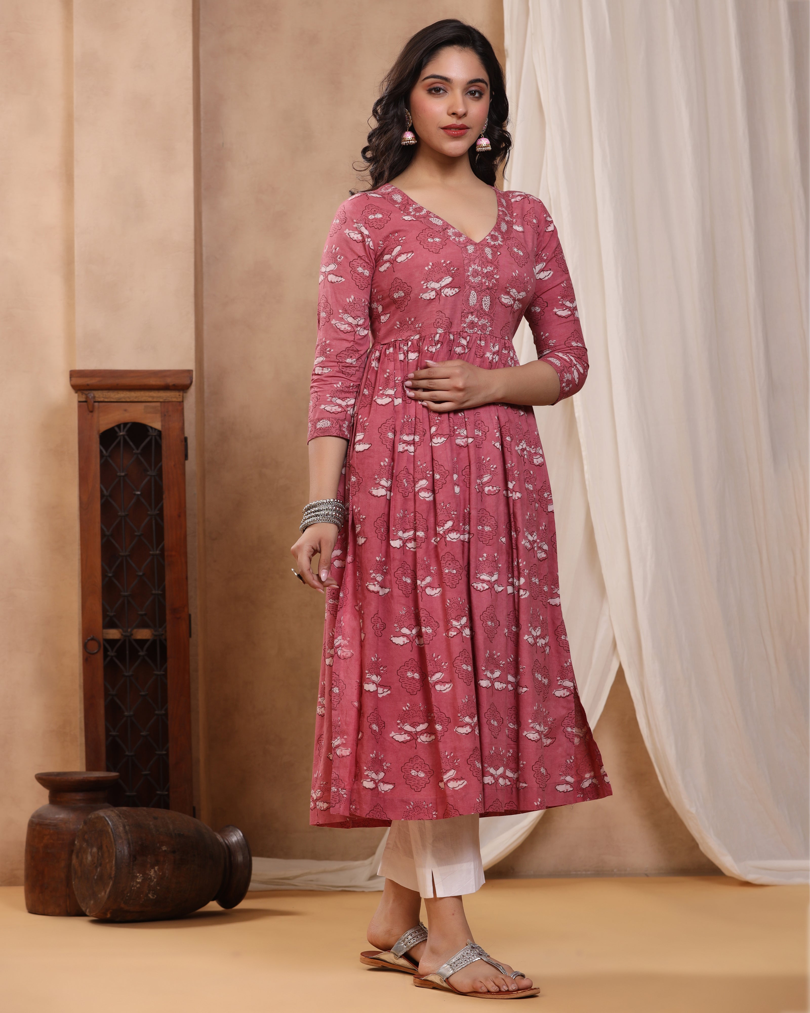 Pink Dabu Hand Block Printed Cotton Gathered Kurti