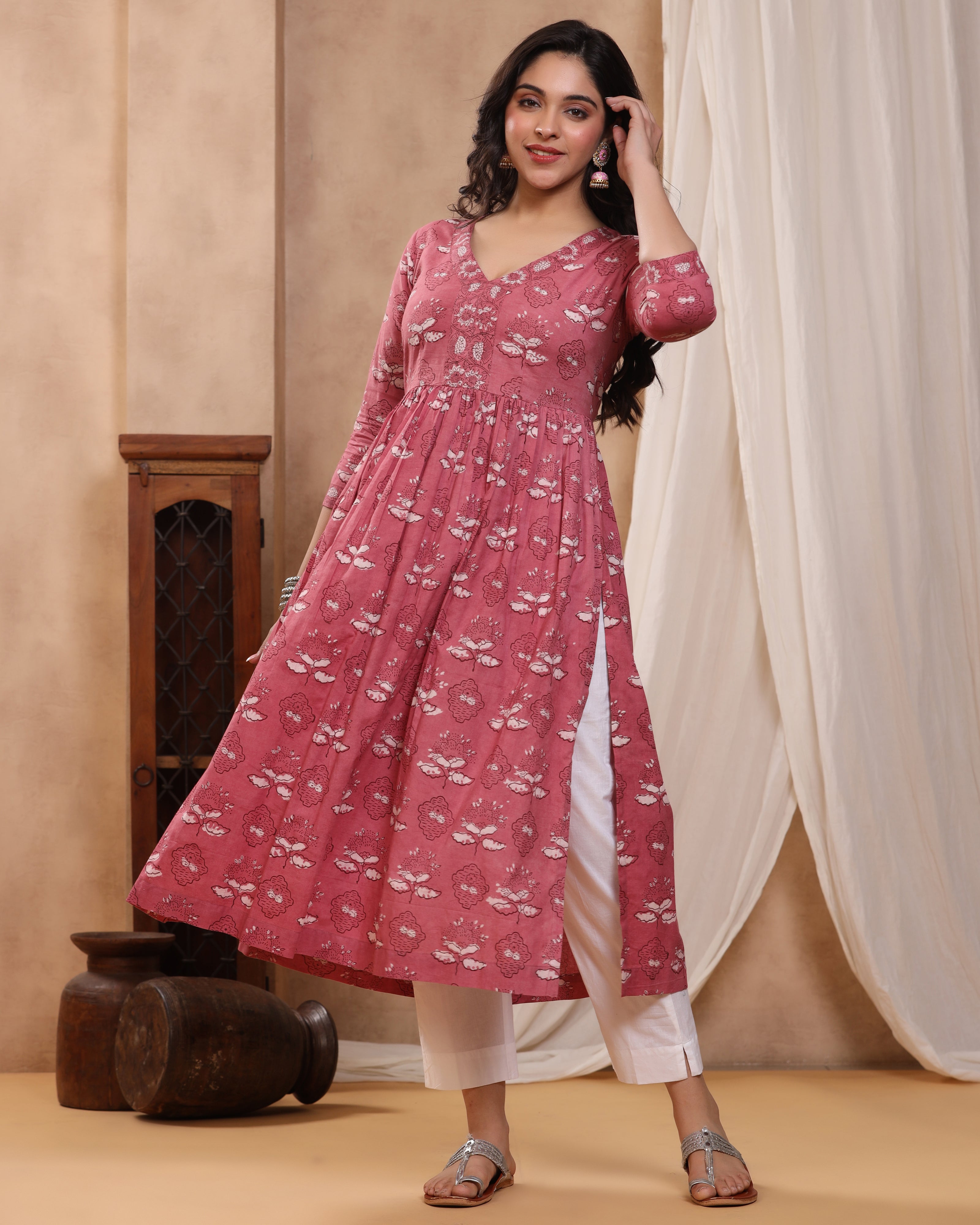 Pink Dabu Hand Block Printed Cotton Gathered Kurti