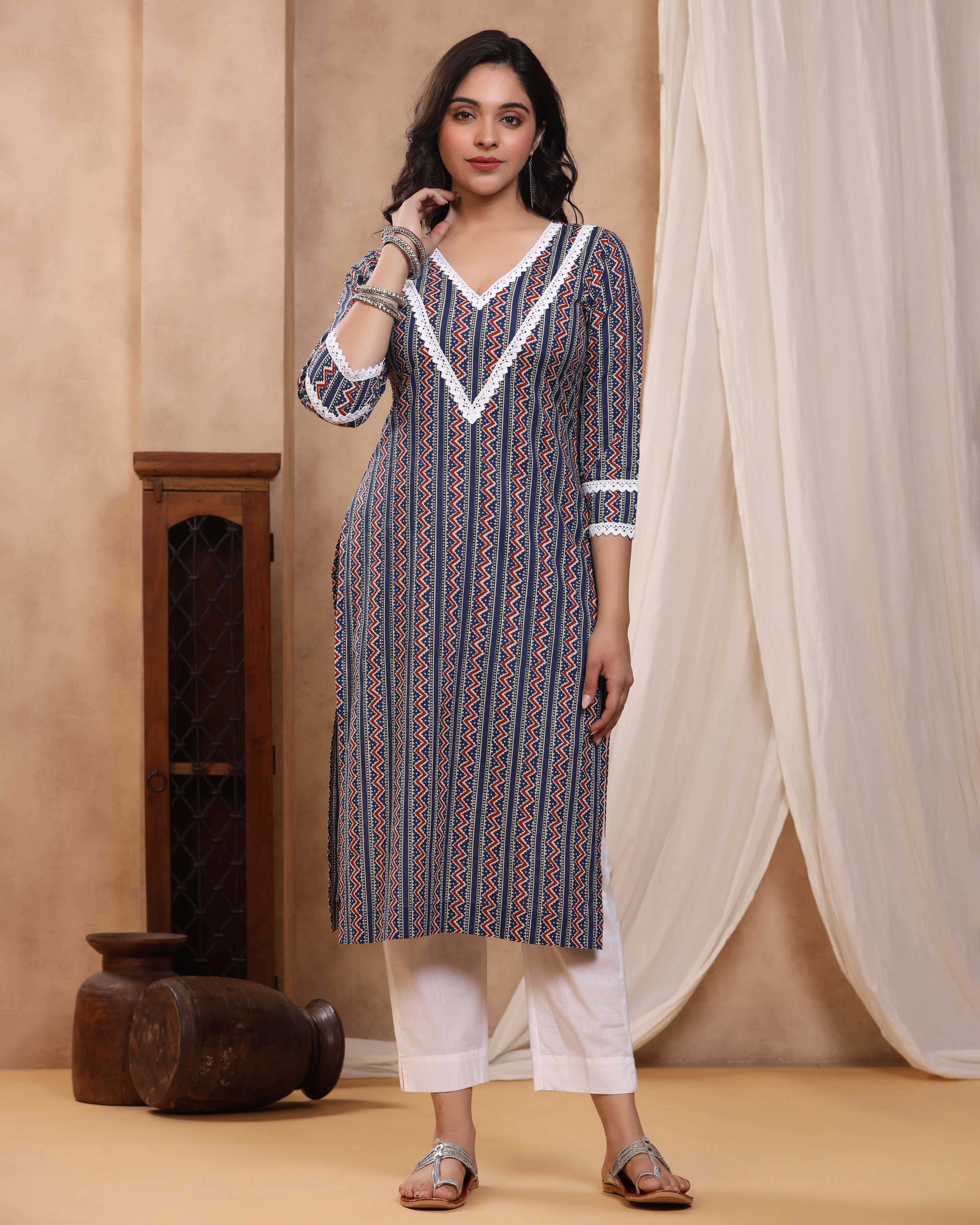 Sitara Blue Block print Kurti with Crochet lace