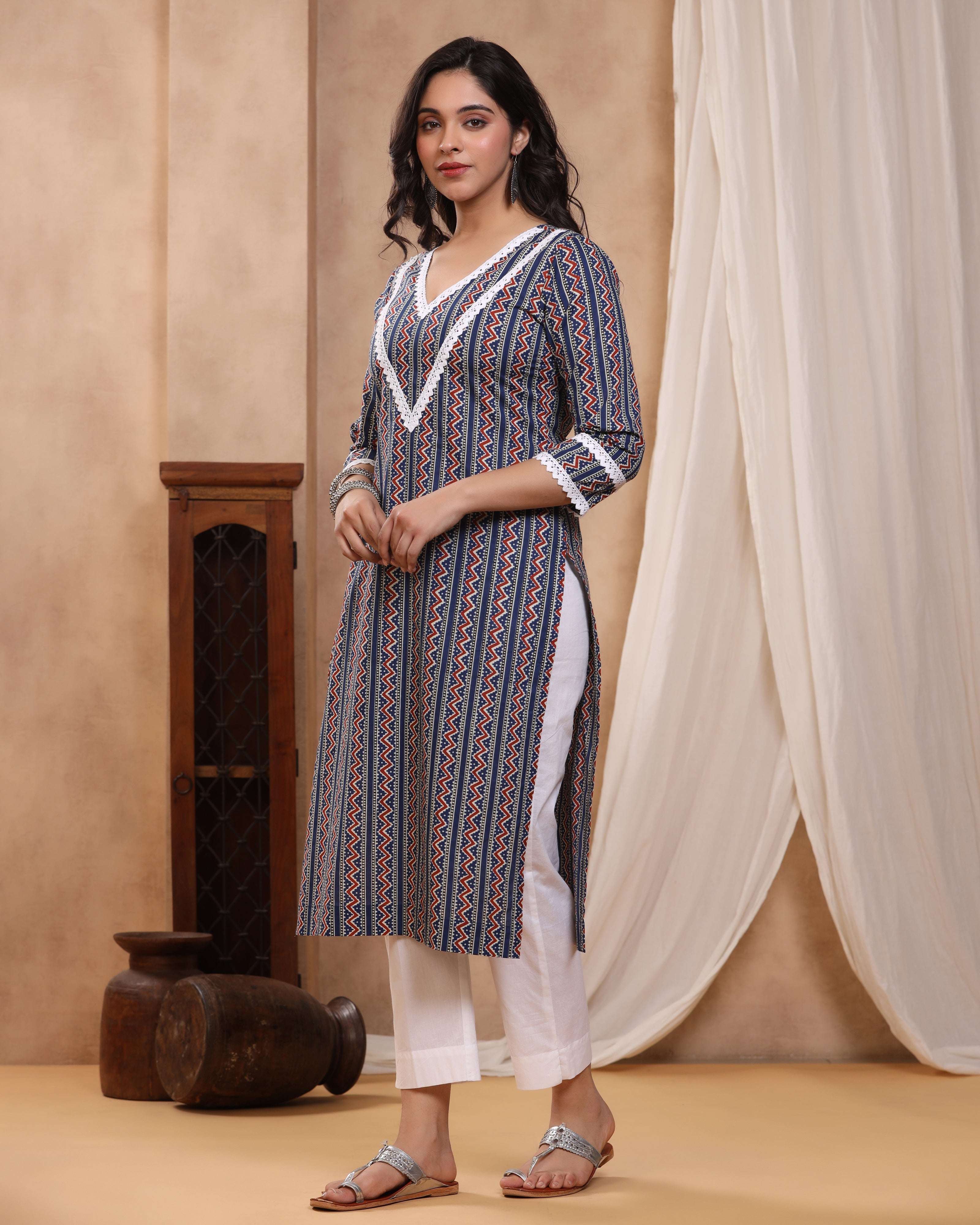 Sitara Blue Block print Kurti with Crochet lace