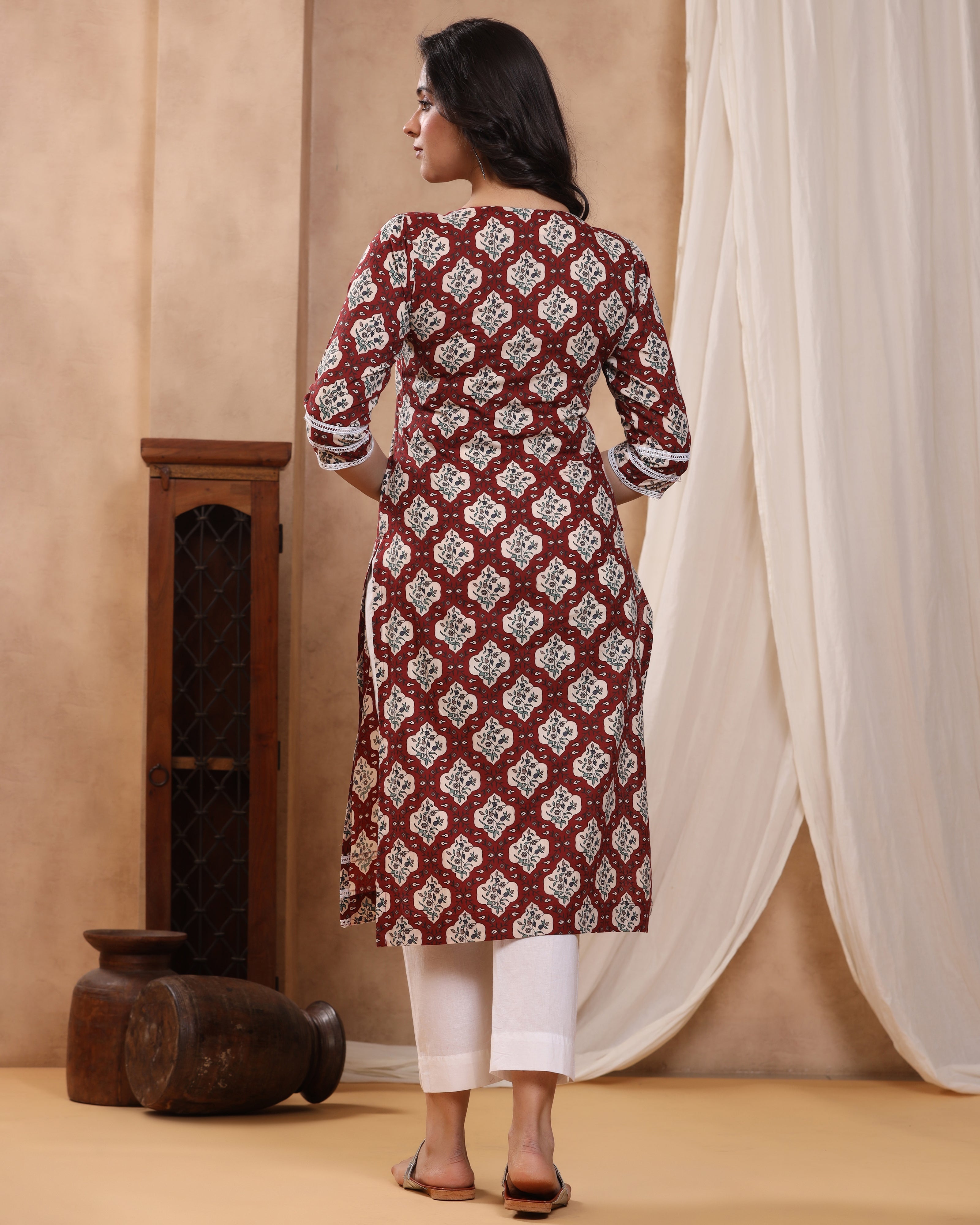 Bahaar Maroon Block print Kurti with Crochet lace