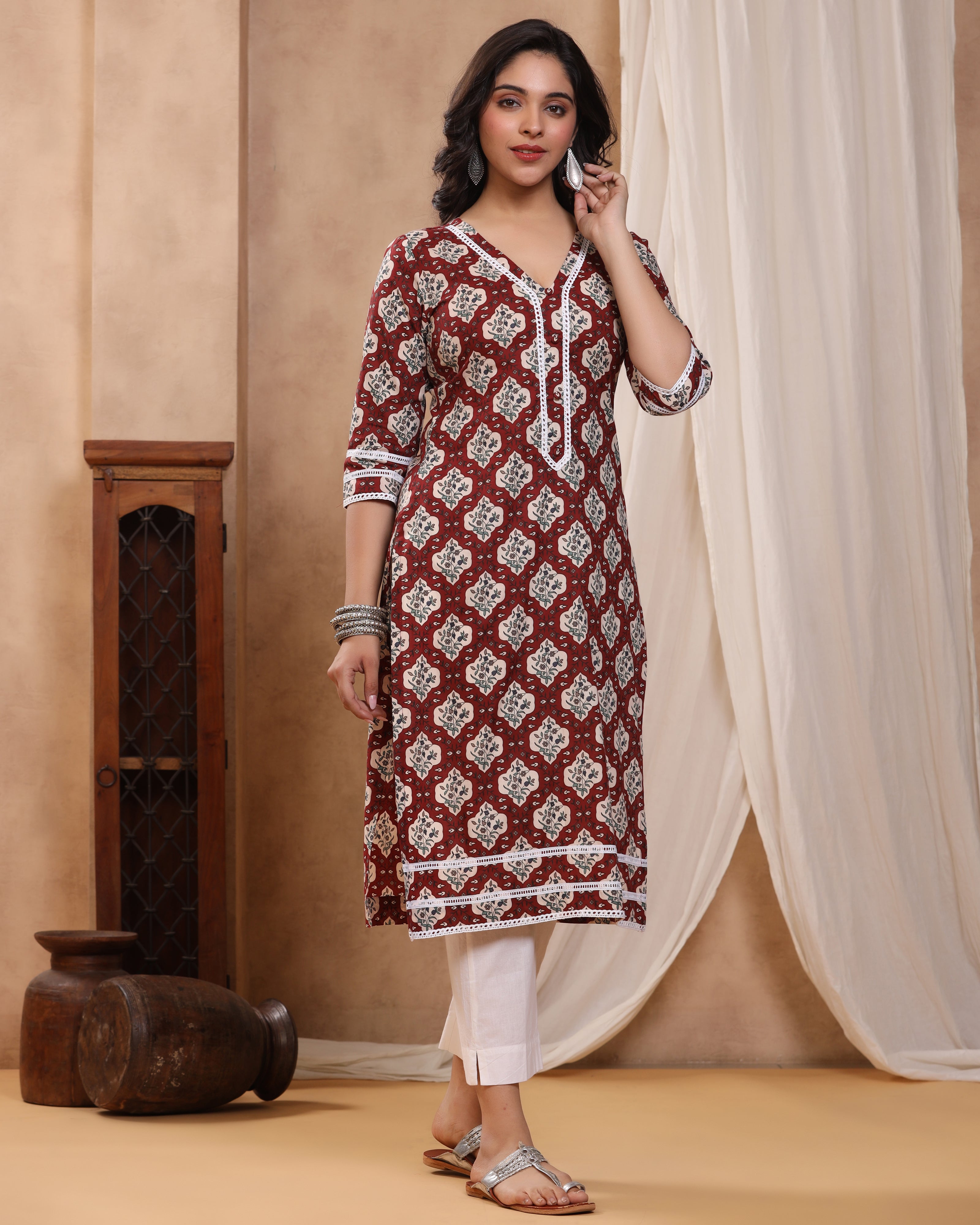 Bahaar Maroon Block print Kurti with Crochet lace