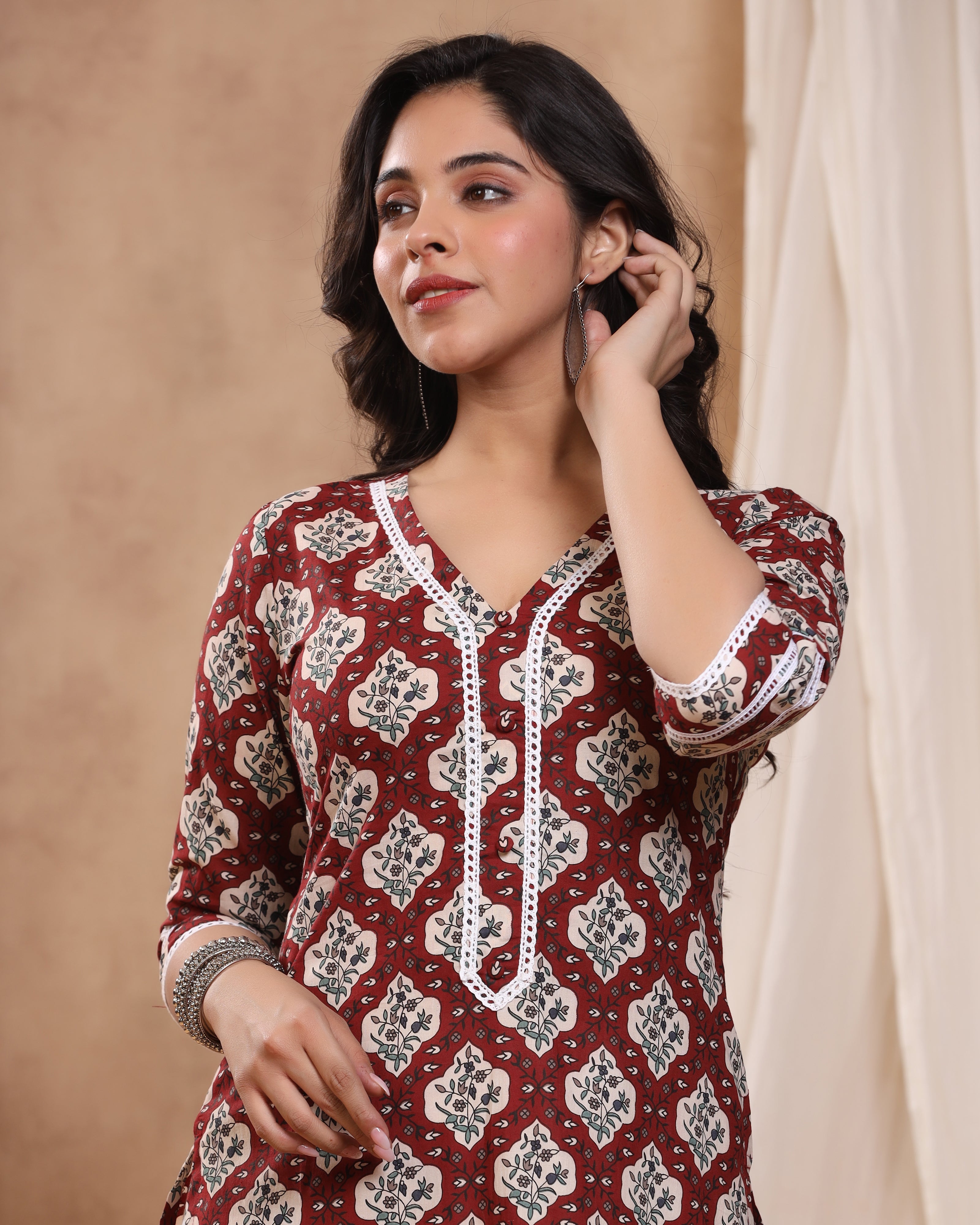 Bahaar Maroon Block print Kurti with Crochet lace