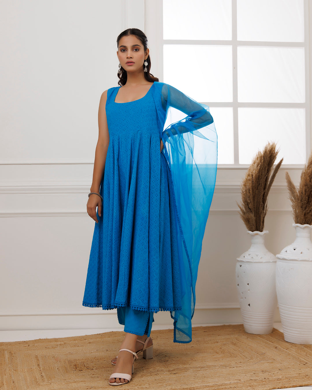 Turquoise Schiffili Anarkali Suit Set