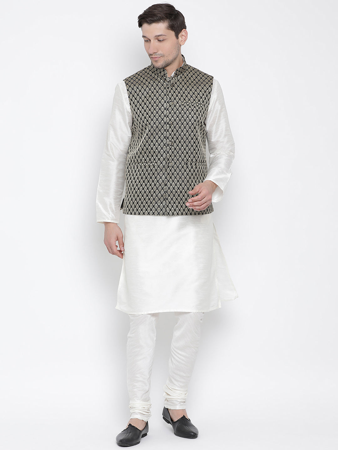 Men's White Silk Blend Jacket, Kurta and Pyjama Set