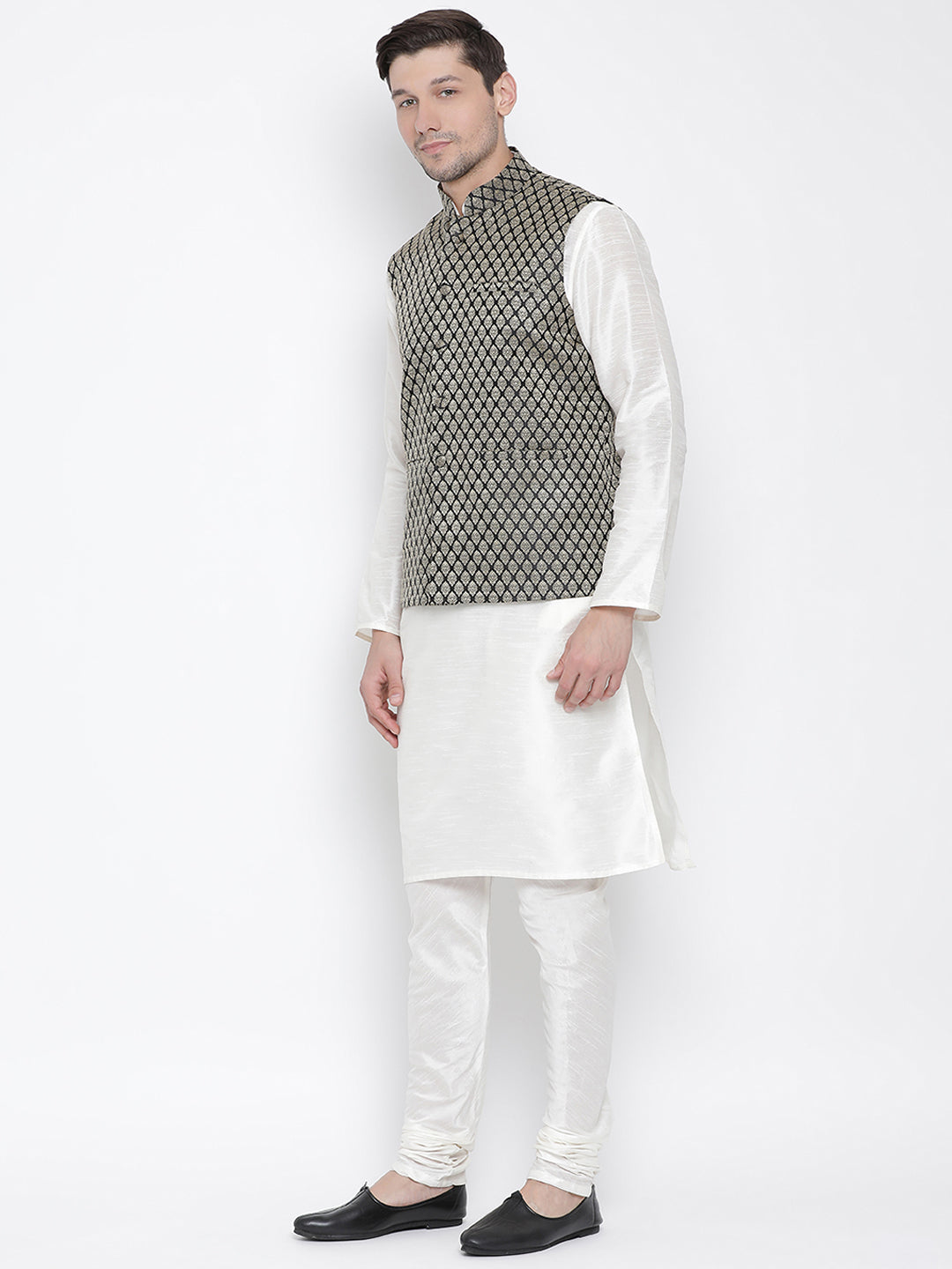 Men's White Silk Blend Jacket, Kurta and Pyjama Set