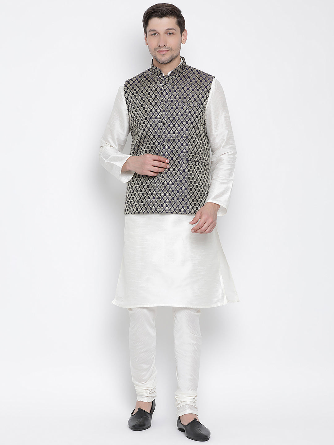 Men's White Silk Blend Jacket, Kurta and Pyjama Set