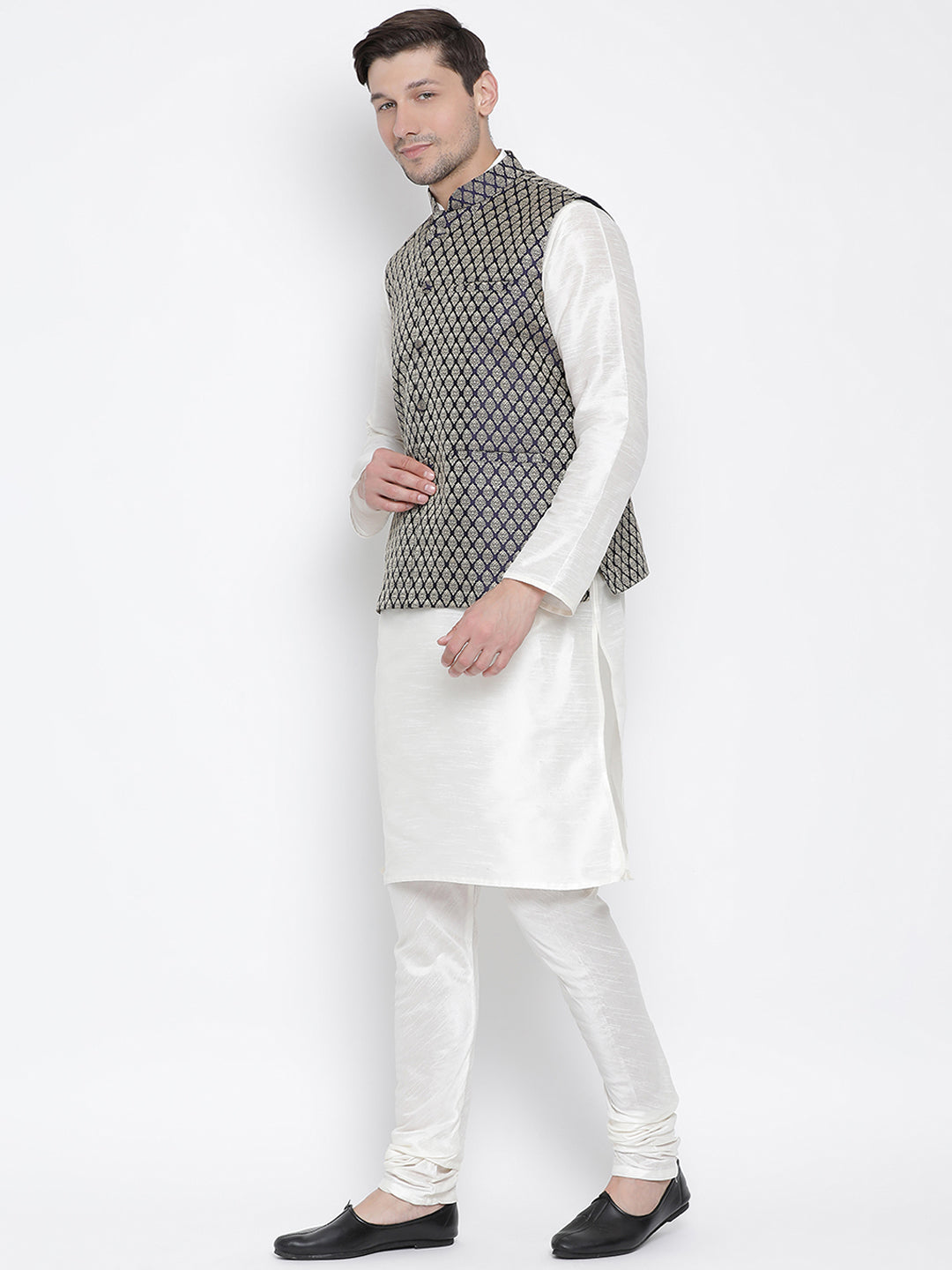 Men's White Silk Blend Jacket, Kurta and Pyjama Set