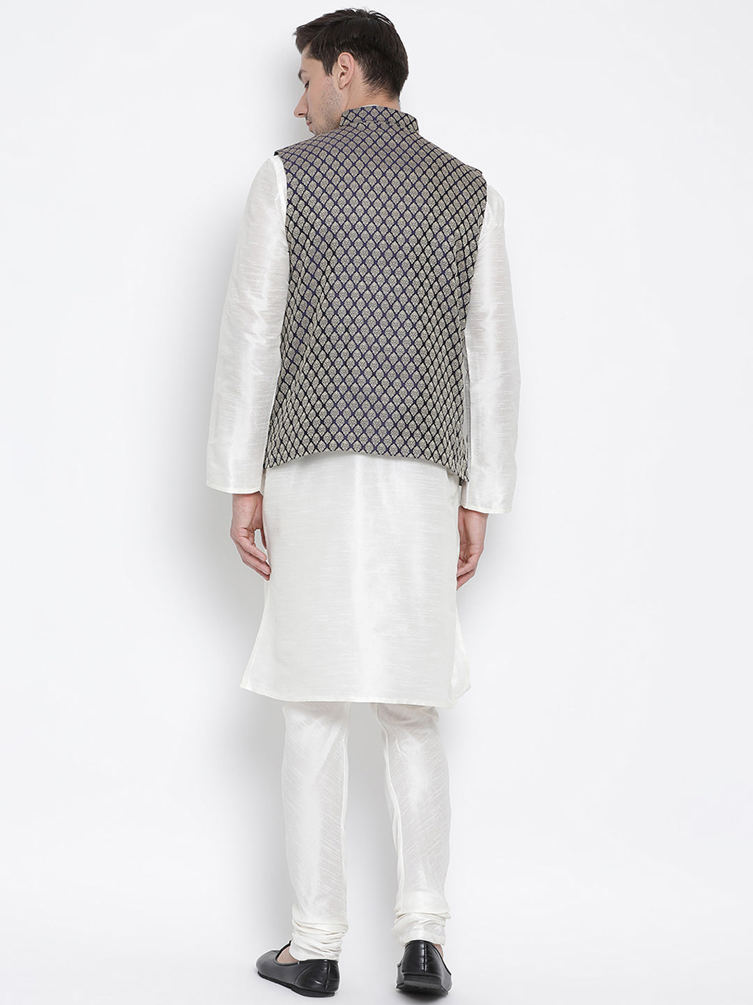 Men's White Silk Blend Jacket, Kurta and Pyjama Set