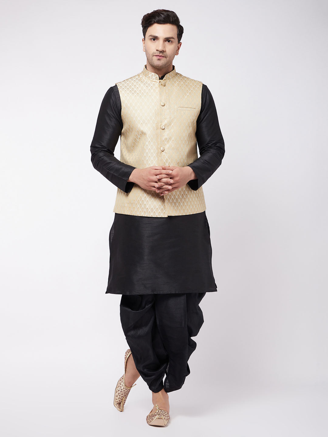 Men's Cream And Black Silk Blend Jacket, Kurta and Dhoti Set