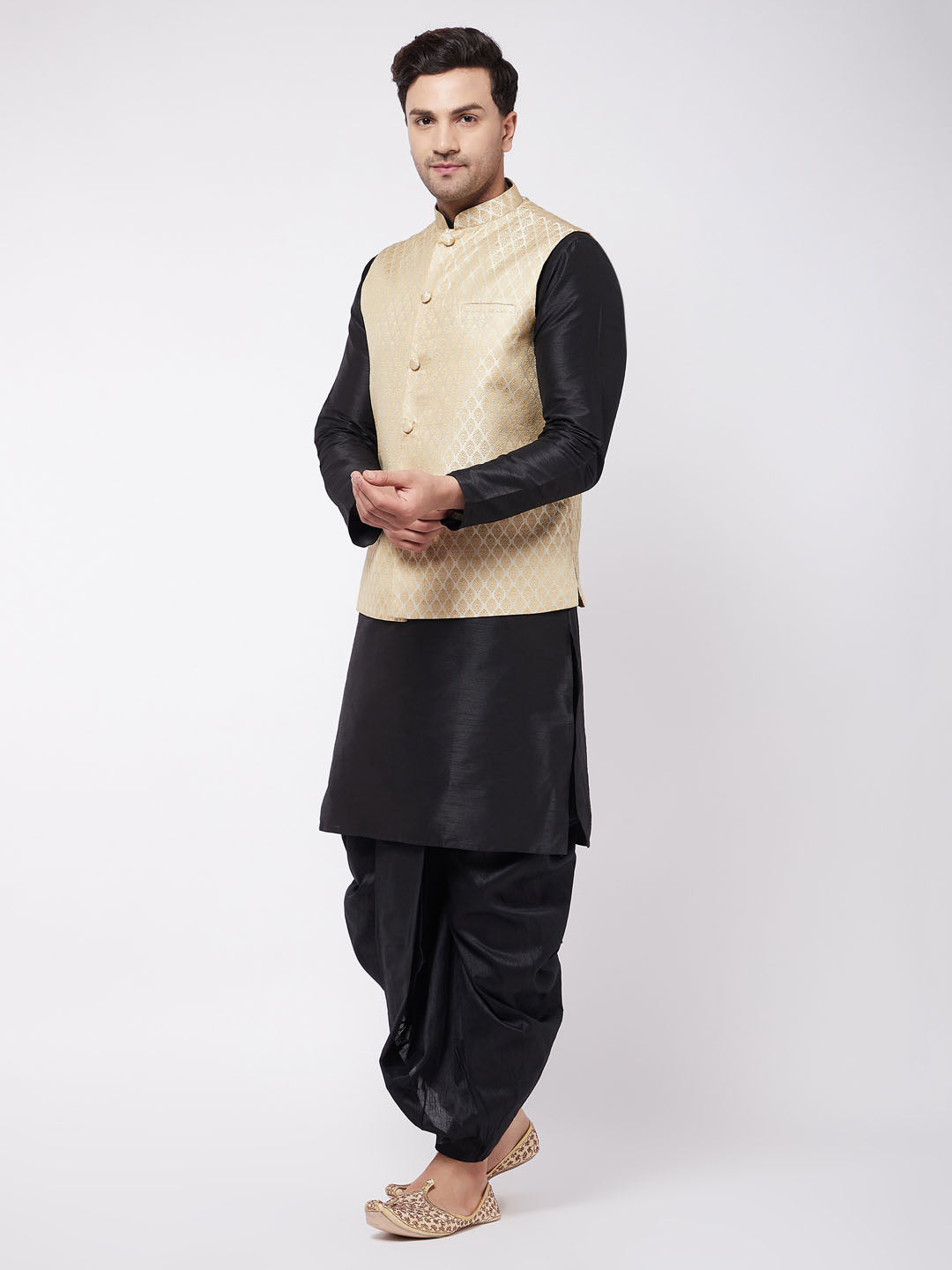 Men's Cream And Black Silk Blend Jacket, Kurta and Dhoti Set