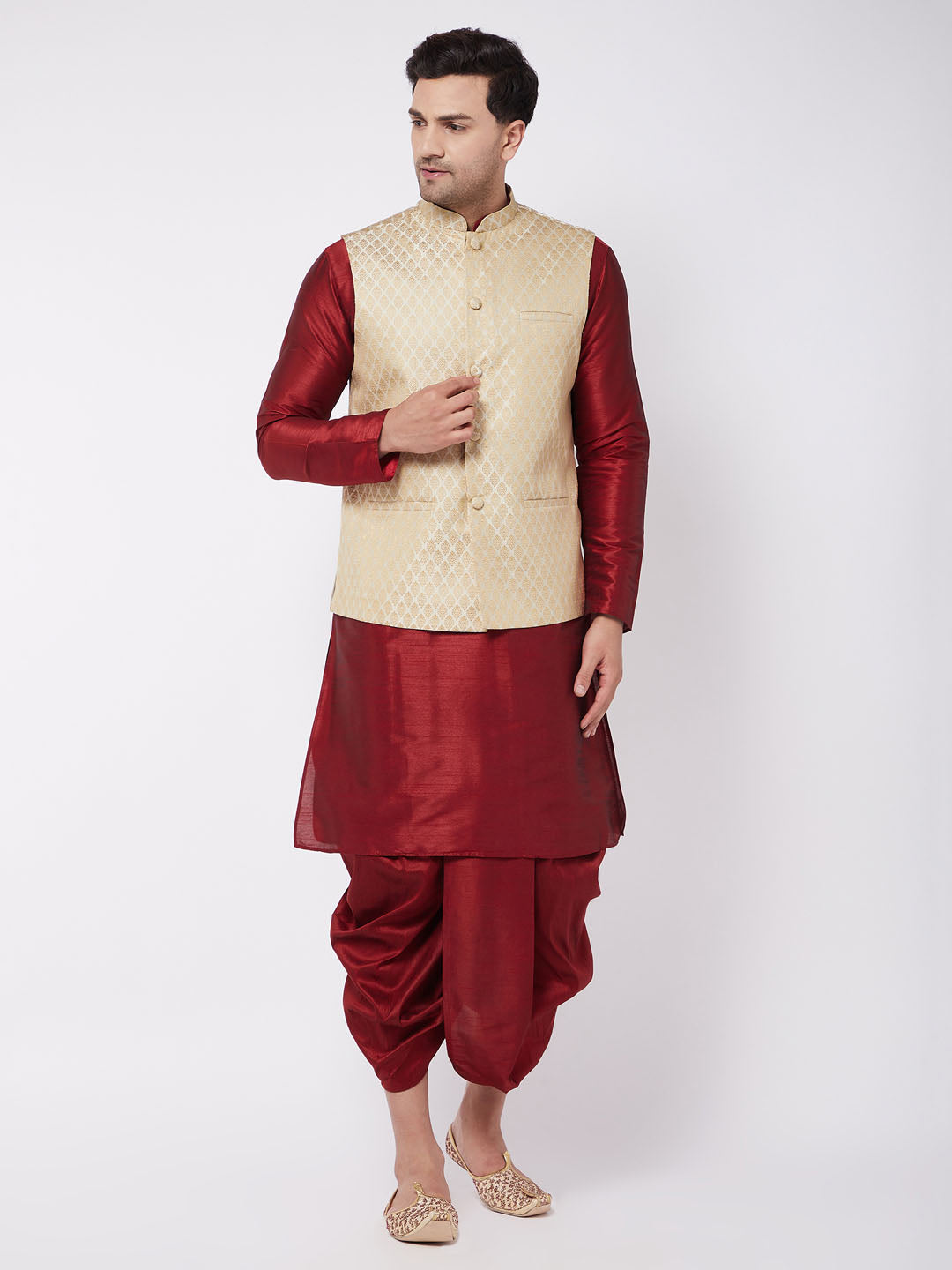 Men's Cream And Maroon Silk Blend Jacket, Kurta and Dhoti Set