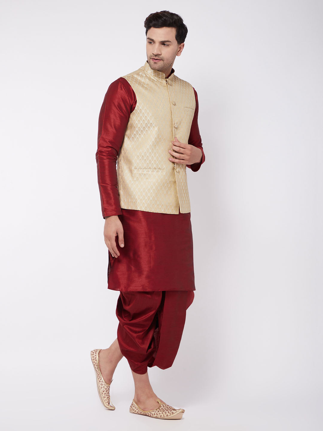 Men's Cream And Maroon Silk Blend Jacket, Kurta and Dhoti Set