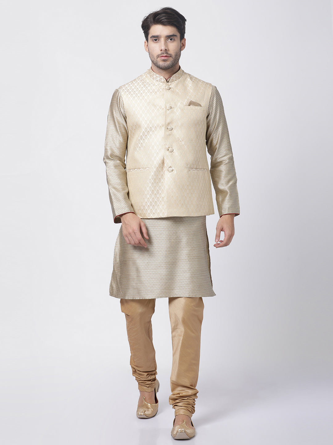 Men's Beige Silk Blend Jacket, Kurta and Pyjama Set