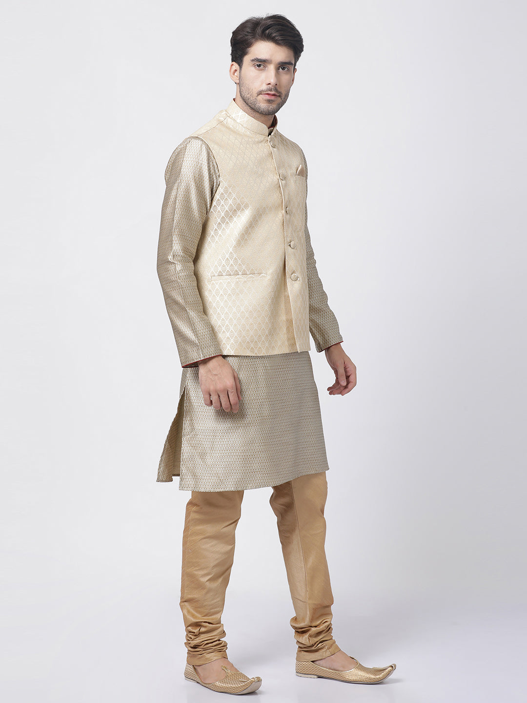 Men's Beige Silk Blend Jacket, Kurta and Pyjama Set