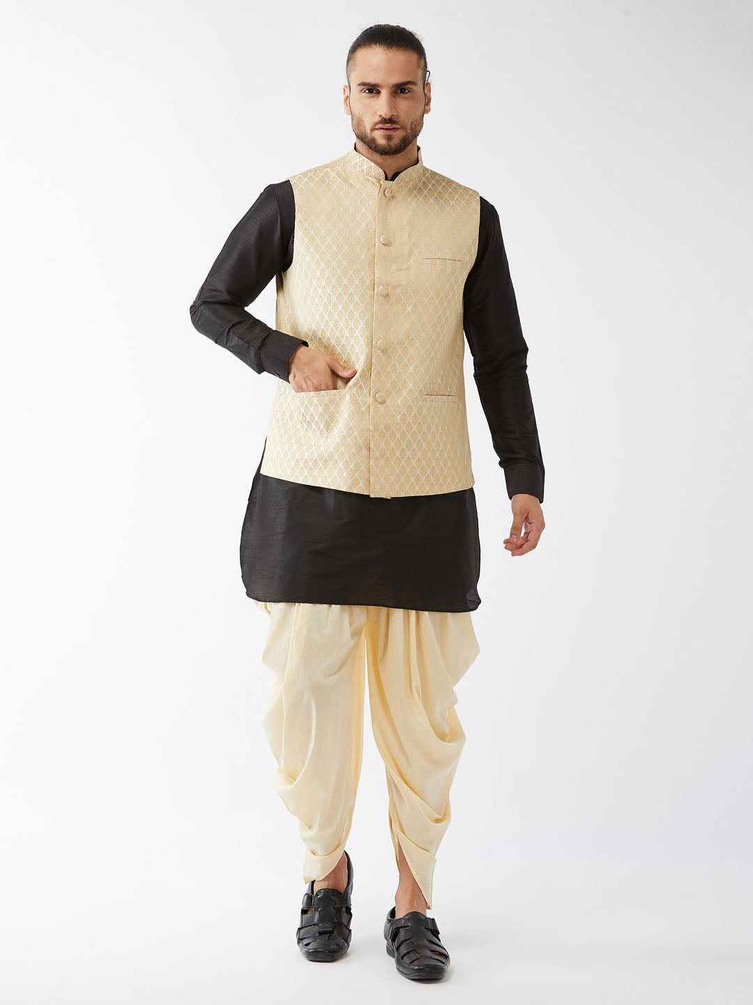 Men's Black, Cream And Gold Silk Blend Jacket, Kurta and Dhoti Set