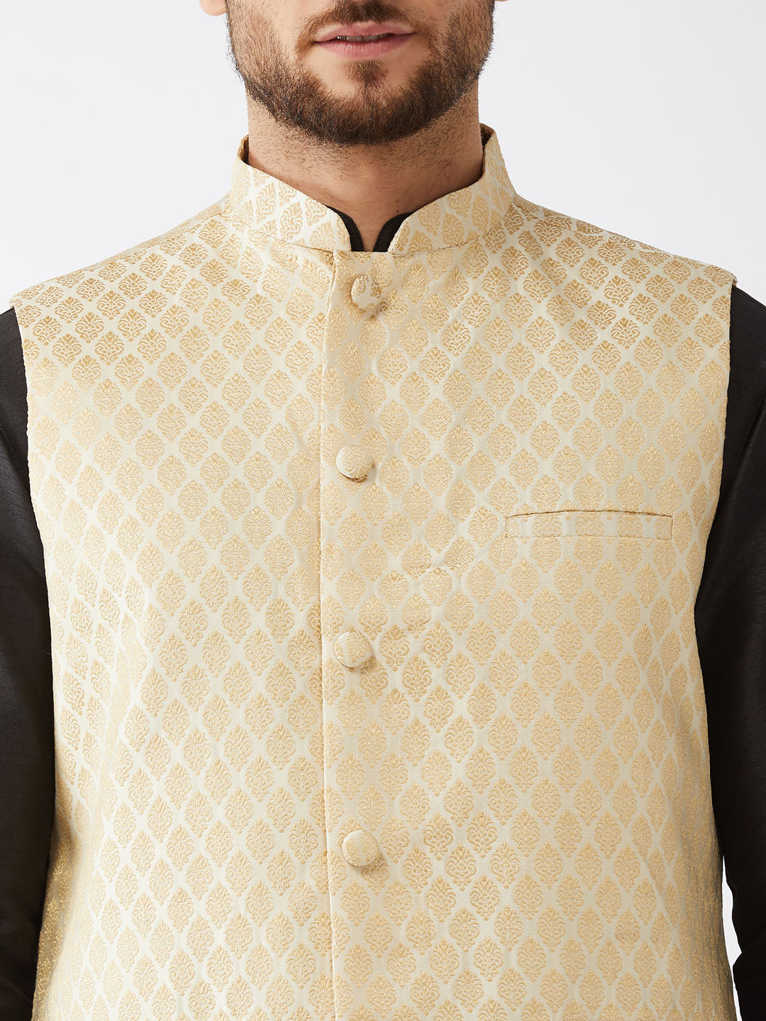 Men's Black, Cream And Gold Silk Blend Jacket, Kurta and Dhoti Set