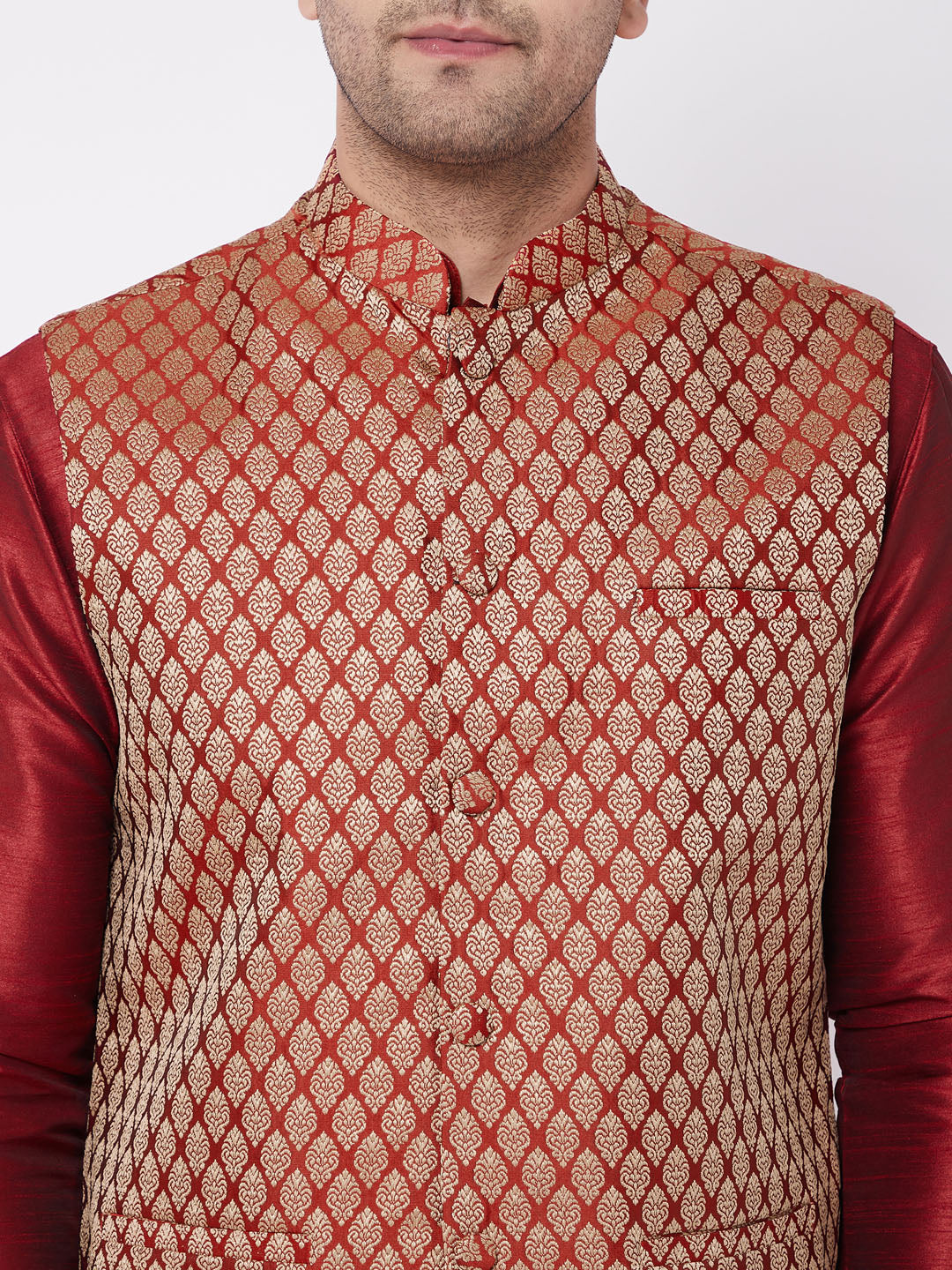 Men's Maroon Silk Blend Jacket, Kurta and Dhoti Set