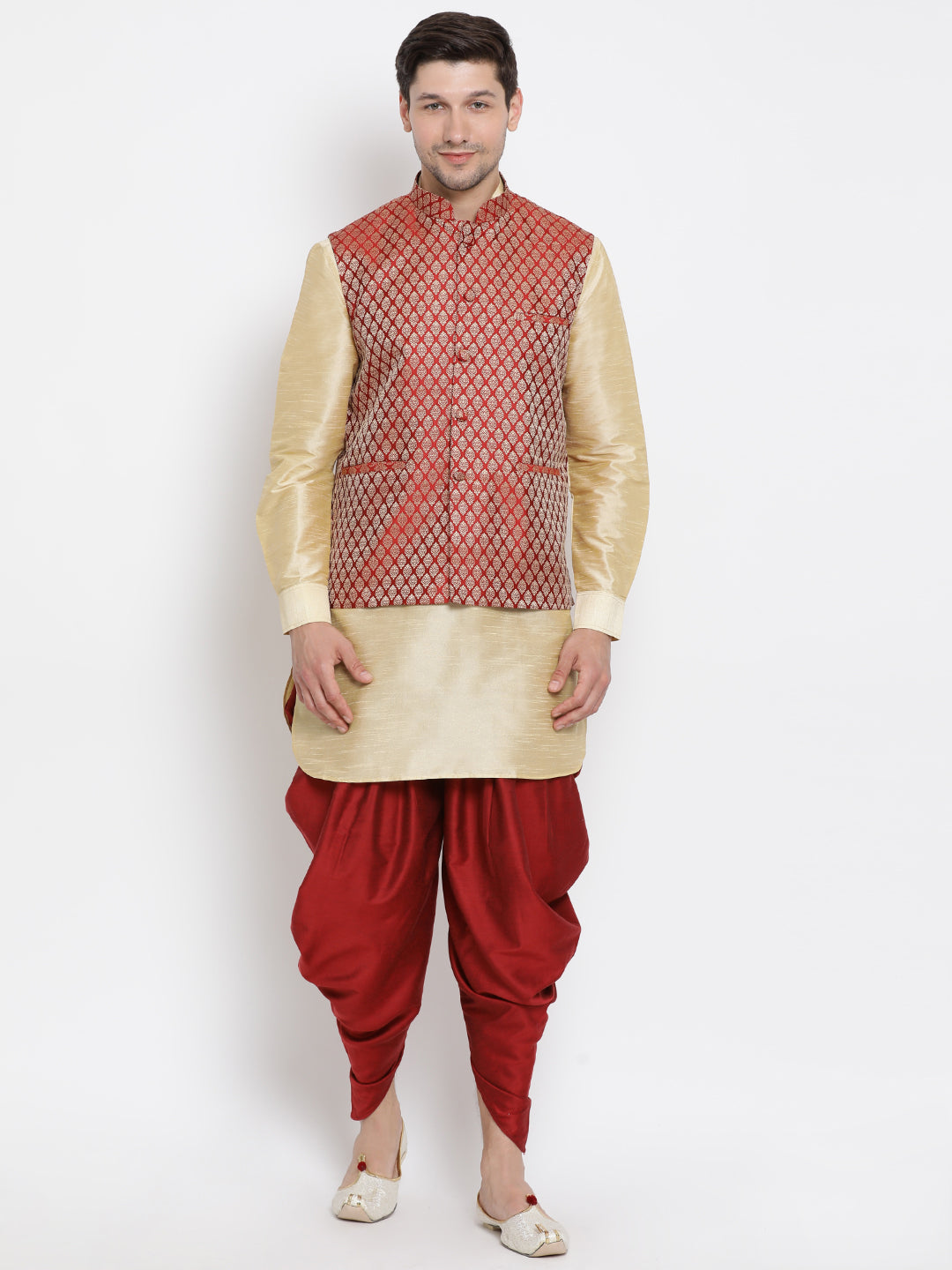 Men's Gold Silk Blend Jacket, Kurta and Dhoti Set