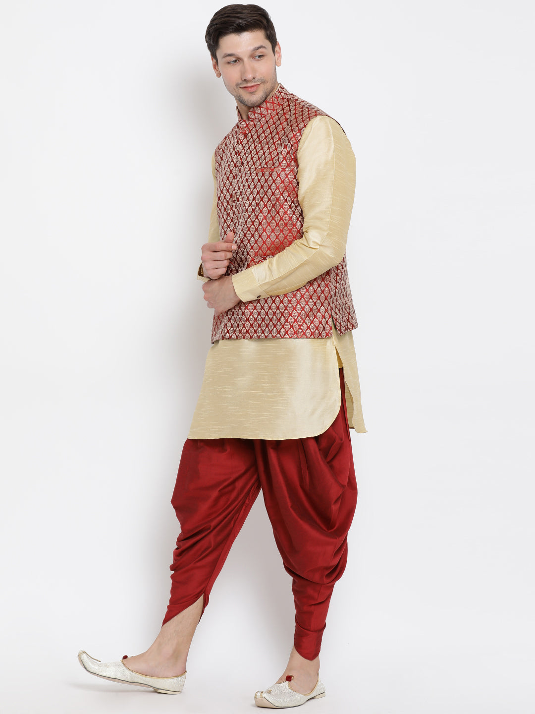 Men's Gold Silk Blend Jacket, Kurta and Dhoti Set