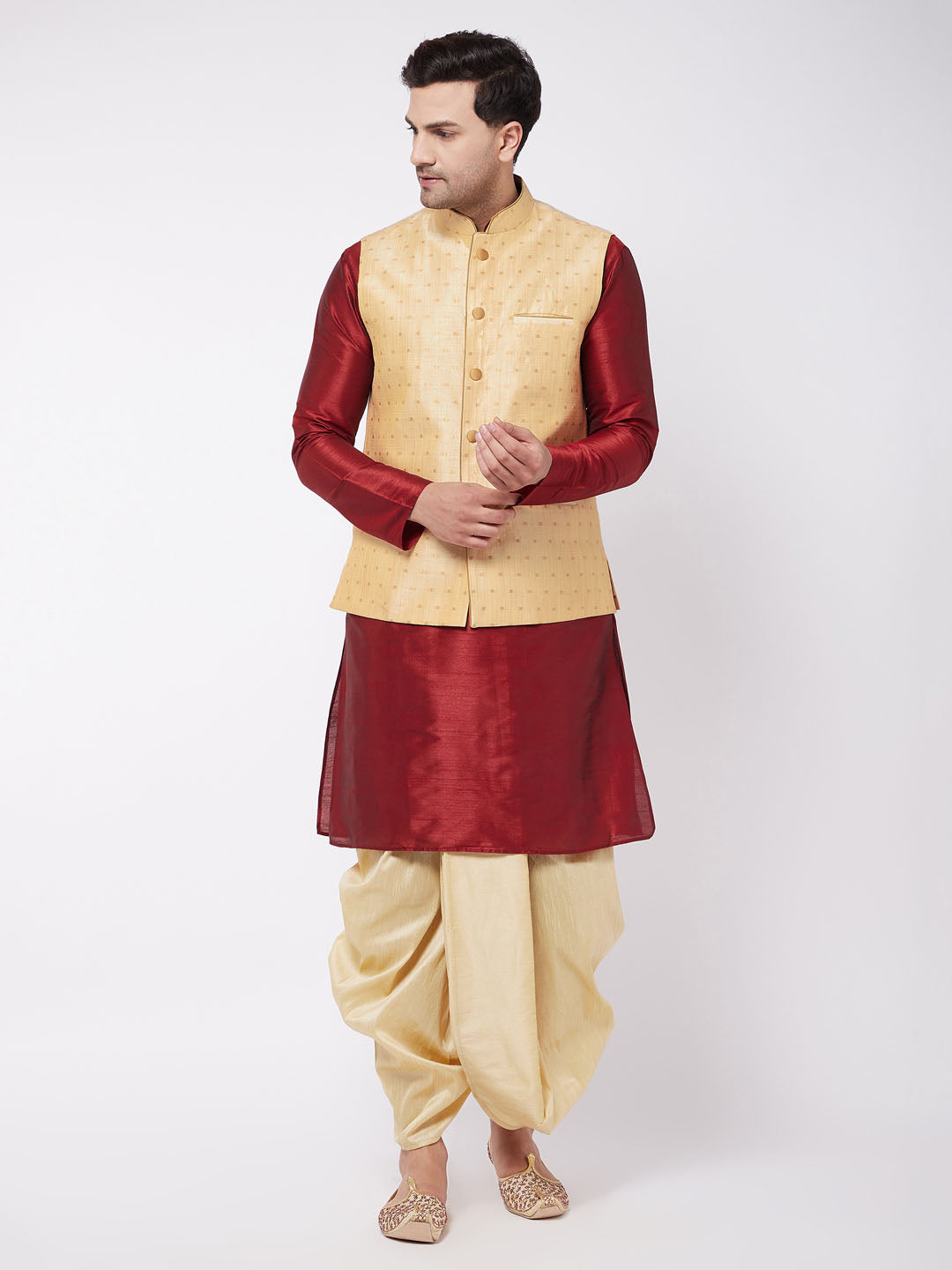 Men's Maroon And Gold Silk Blend Jacket, Kurta and Dhoti Set