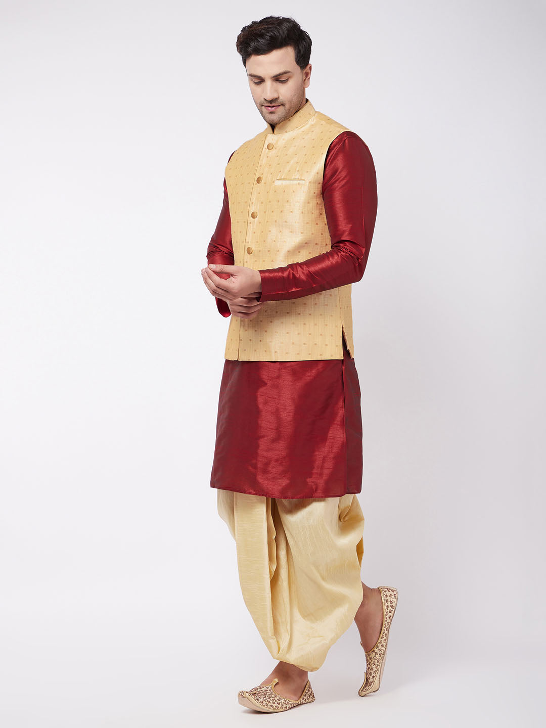 Men's Maroon And Gold Silk Blend Jacket, Kurta and Dhoti Set