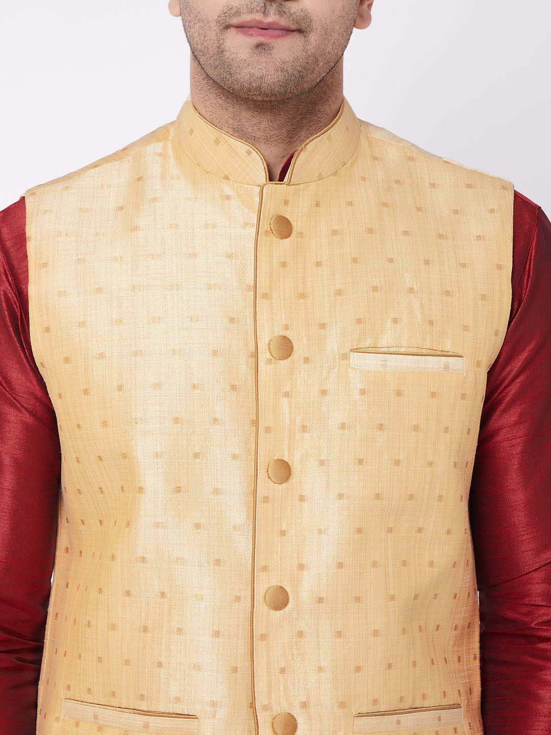 Men's Maroon And Gold Silk Blend Jacket, Kurta and Dhoti Set