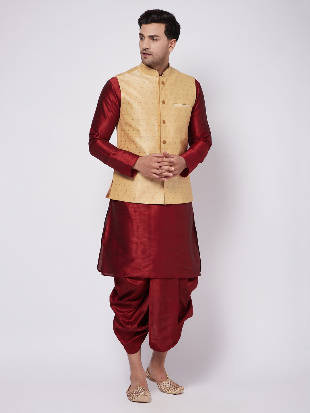 Men's Gold And Maroon Silk Blend Jacket, Kurta and Dhoti Set