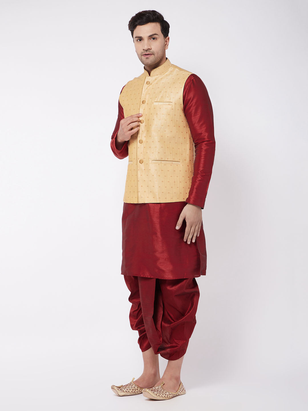 Men's Gold And Maroon Silk Blend Jacket, Kurta and Dhoti Set