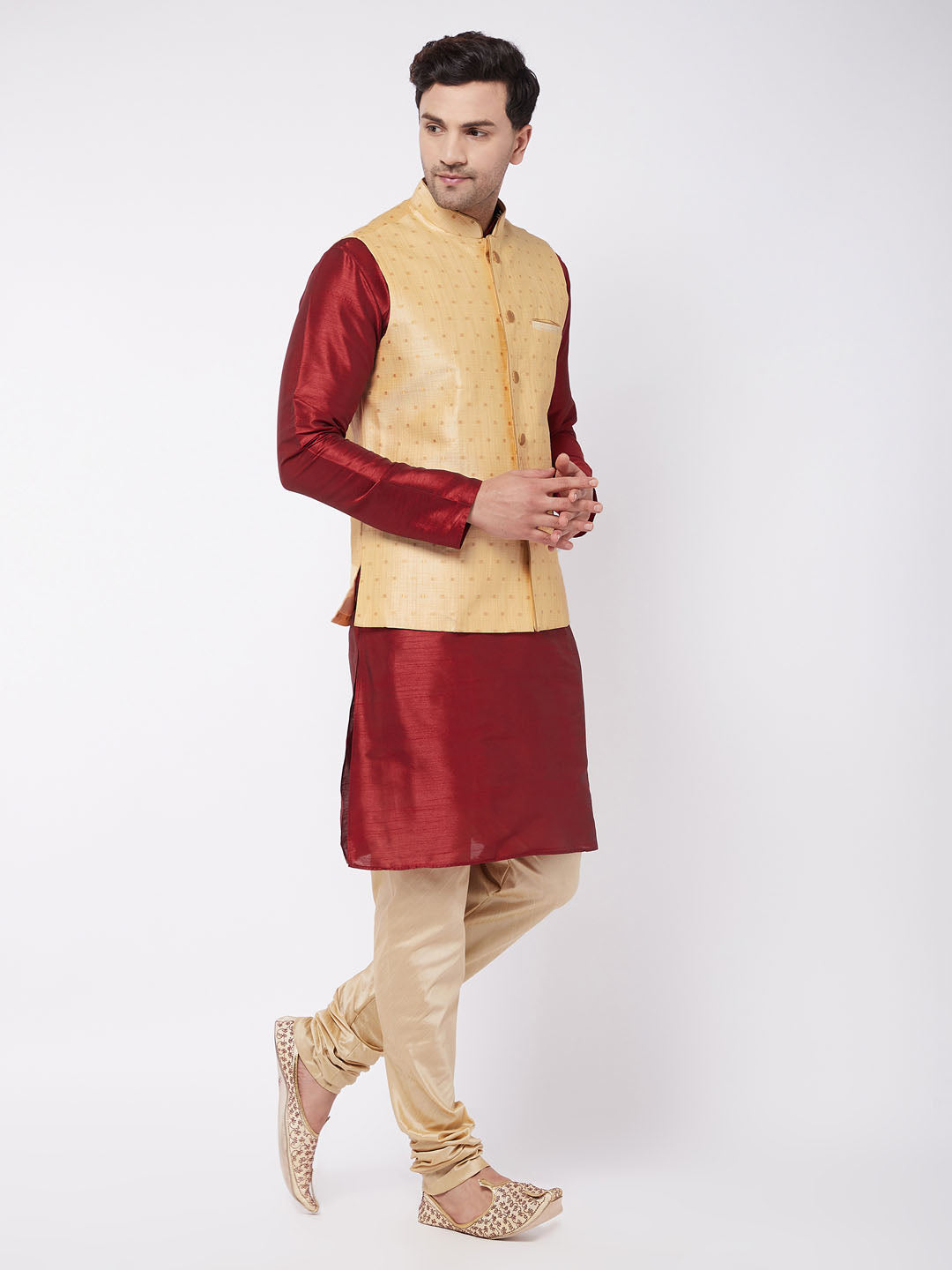 Men's Maroon, Gold And Rose Gold Silk Blend Jacket, Kurta and Pyjama Set