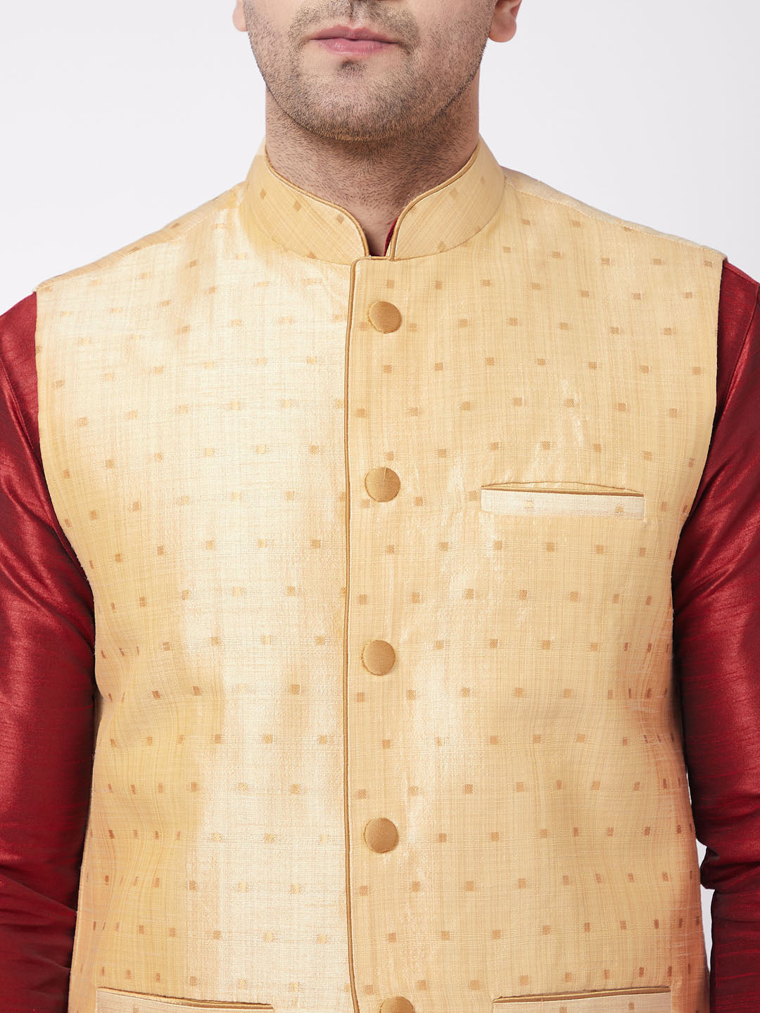 Men's Maroon, Gold And Rose Gold Silk Blend Jacket, Kurta and Pyjama Set