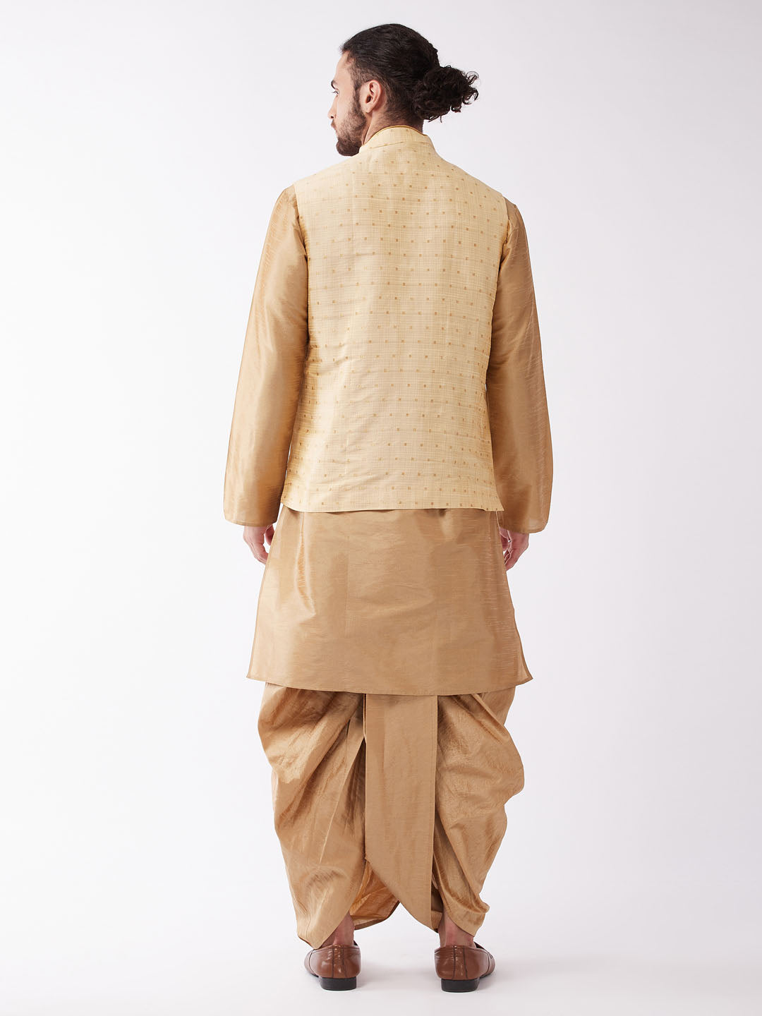 Men's Rose Gold Silk Blend Jacket, Kurta and Dhoti Set