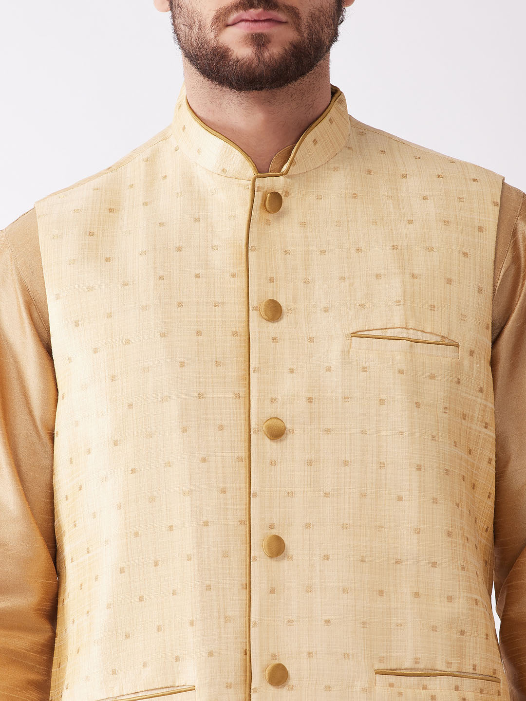 Men's Rose Gold Silk Blend Jacket, Kurta and Dhoti Set