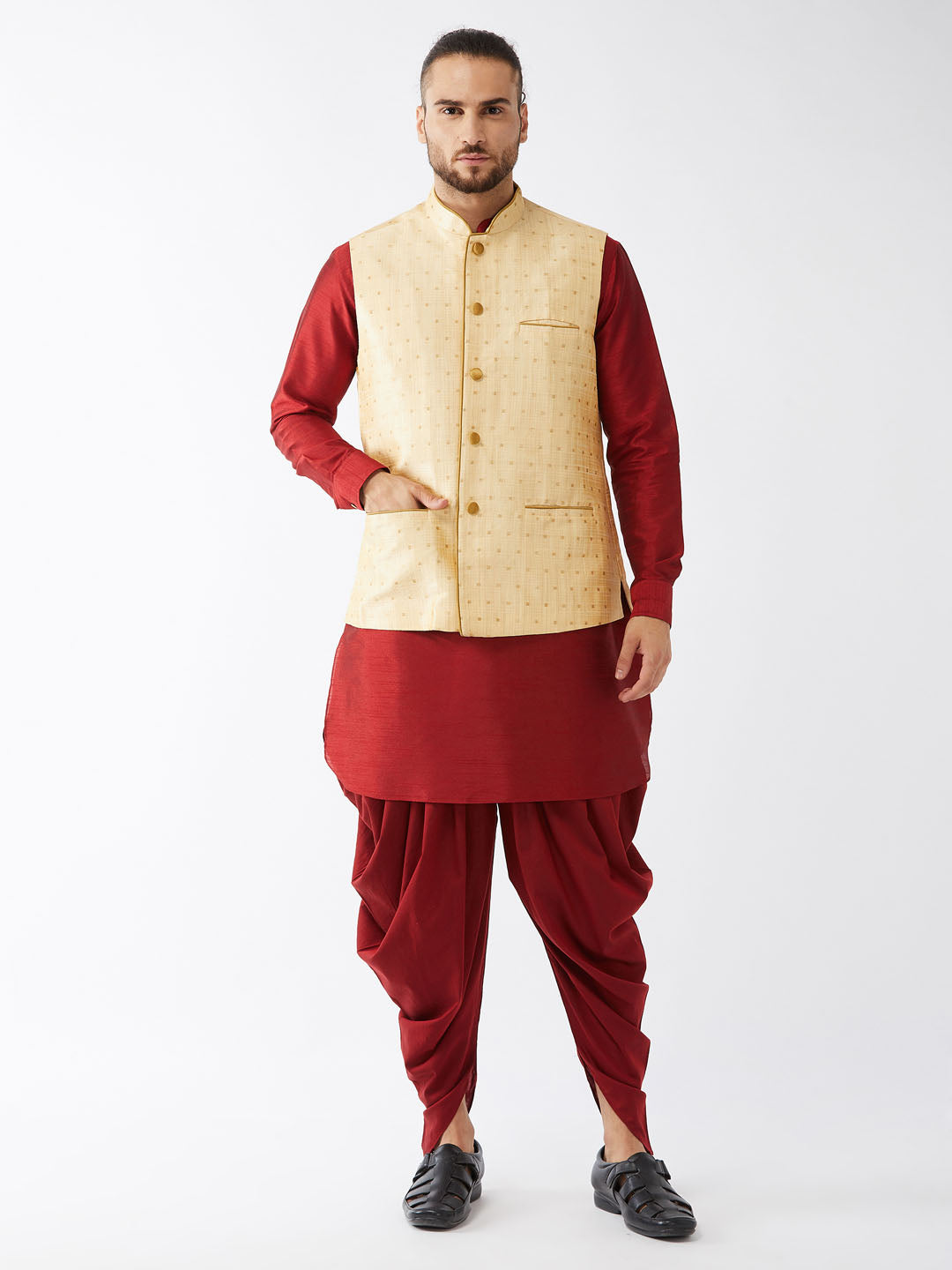 Men's Maroon And Gold Silk Blend Jacket, Kurta and Dhoti Set