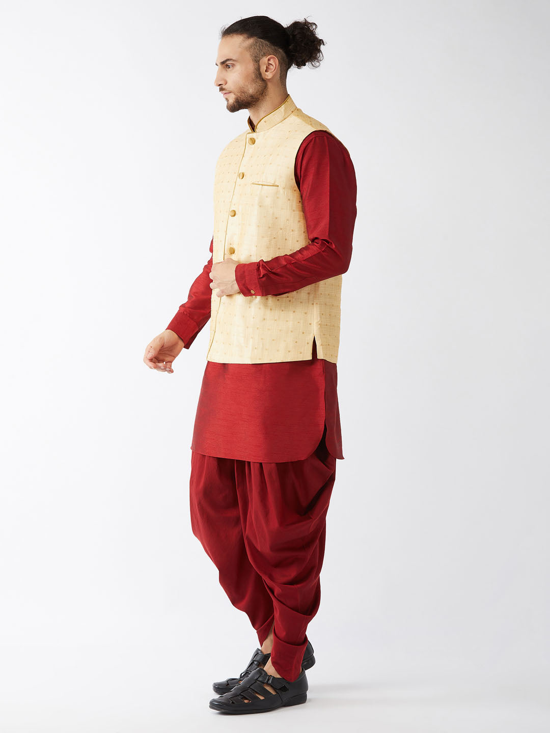 Men's Maroon And Gold Silk Blend Jacket, Kurta and Dhoti Set