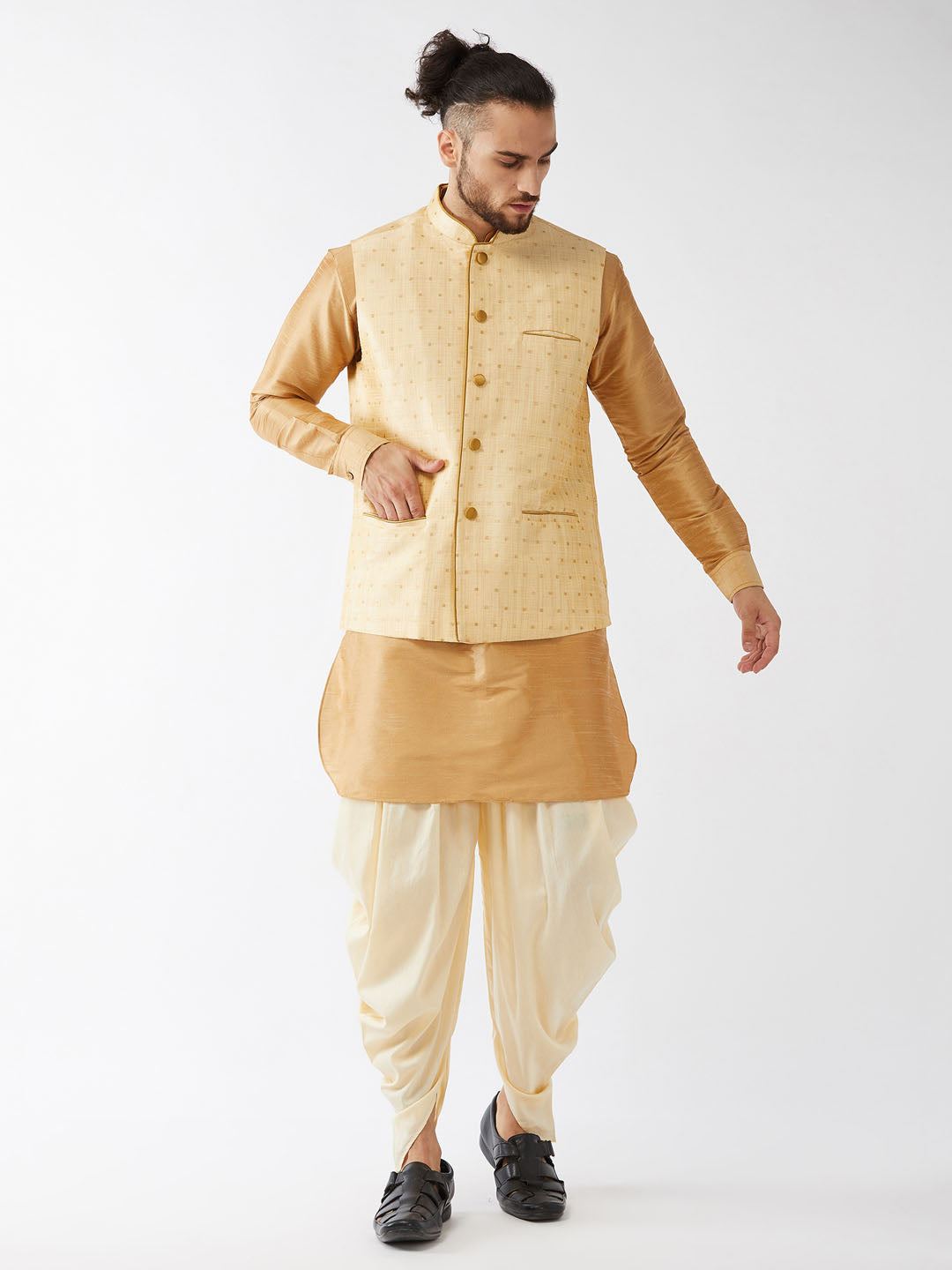 Men's Rose Gold And Gold Silk Blend Jacket, Kurta and Dhoti Set