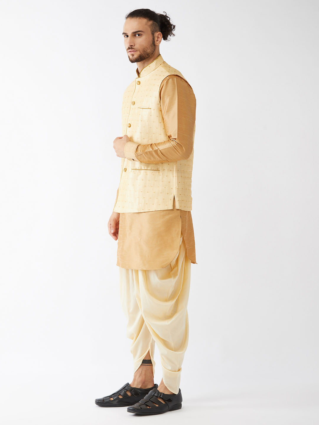 Men's Rose Gold And Gold Silk Blend Jacket, Kurta and Dhoti Set