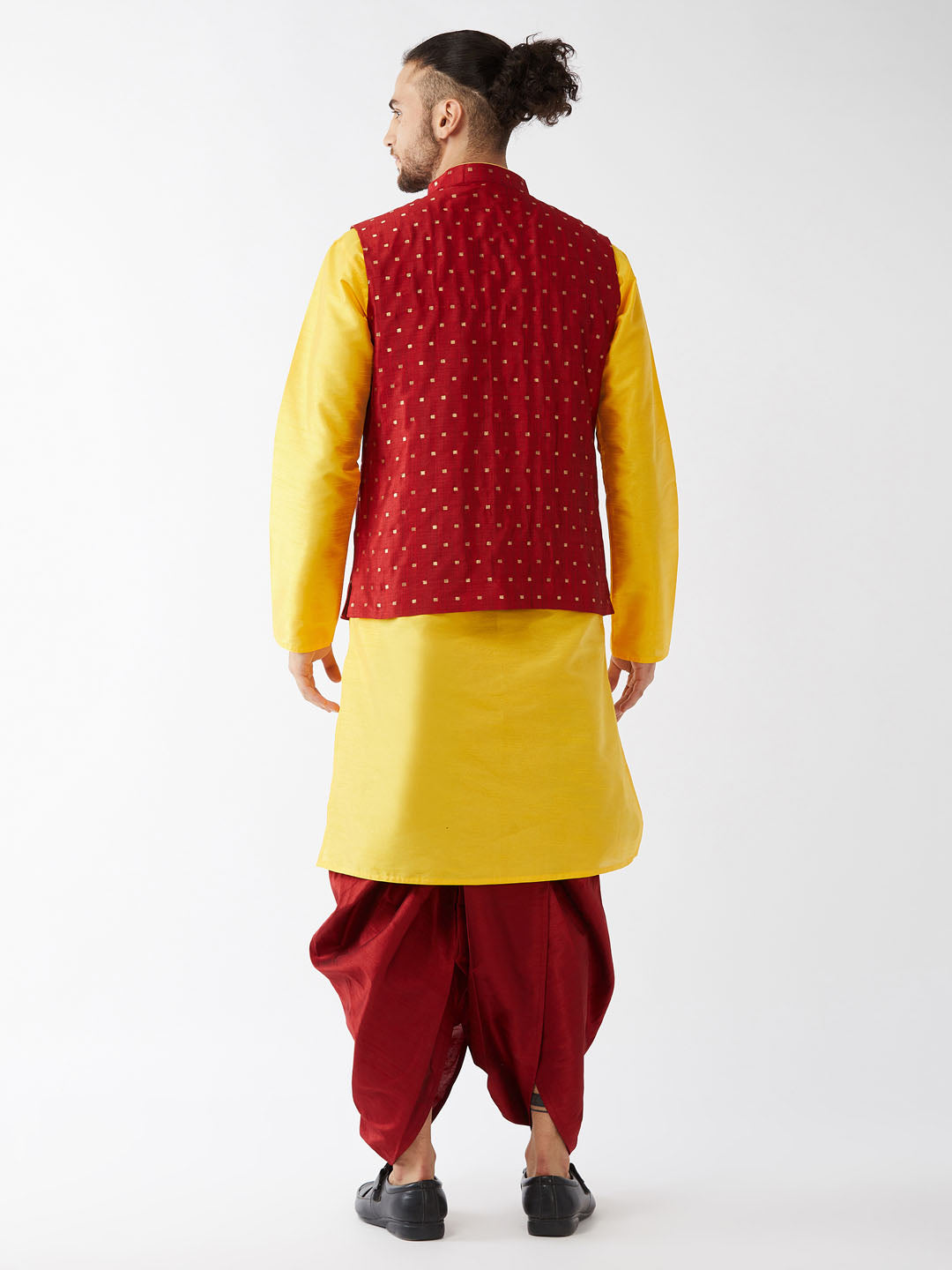 Men's Yellow And Maroon Silk Blend Jacket, Kurta and Dhoti Set